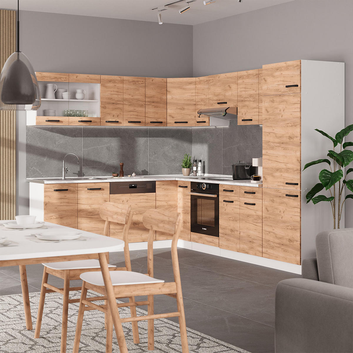 ECKKÜCHE R-Line Goldkraft Eiche/Weiß 227 x 287 cm AP Anthrazit - Eiche Wotan/Weiß, Holzwerkstoff (287/81.6/60cm) - Vicco