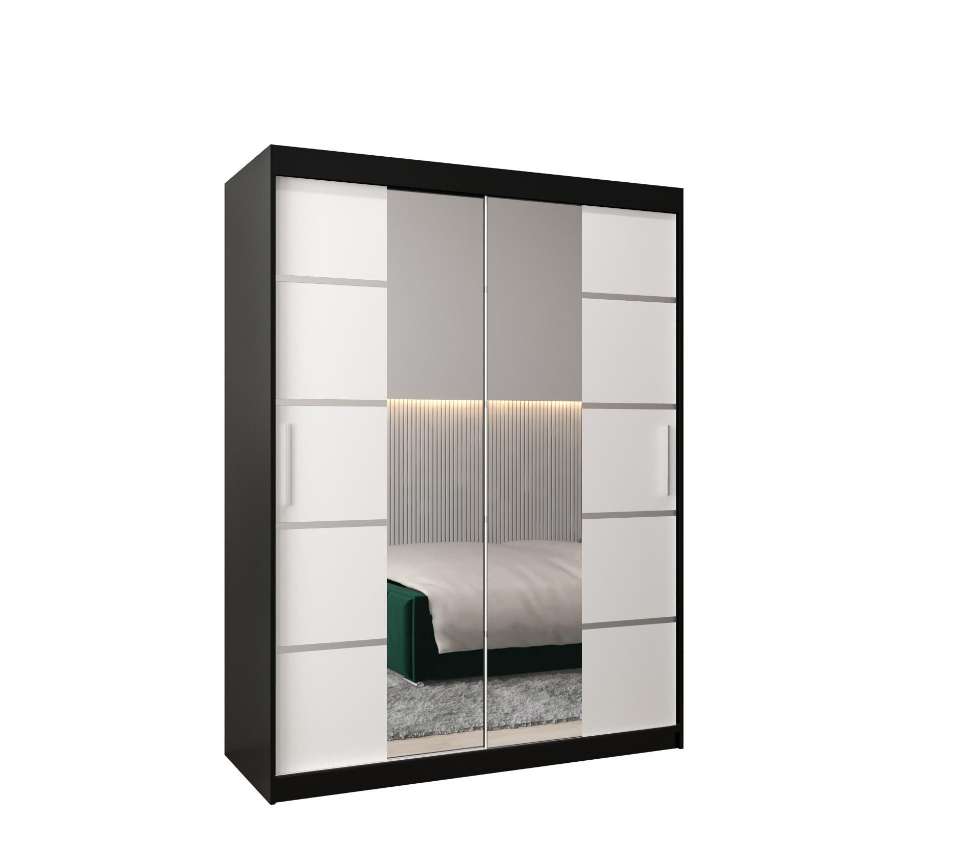 Abiks Möbel SCHWEBETÜRENSCHRANK Schwarz, Weiß, Silber 150cm × 62cm × 200cm