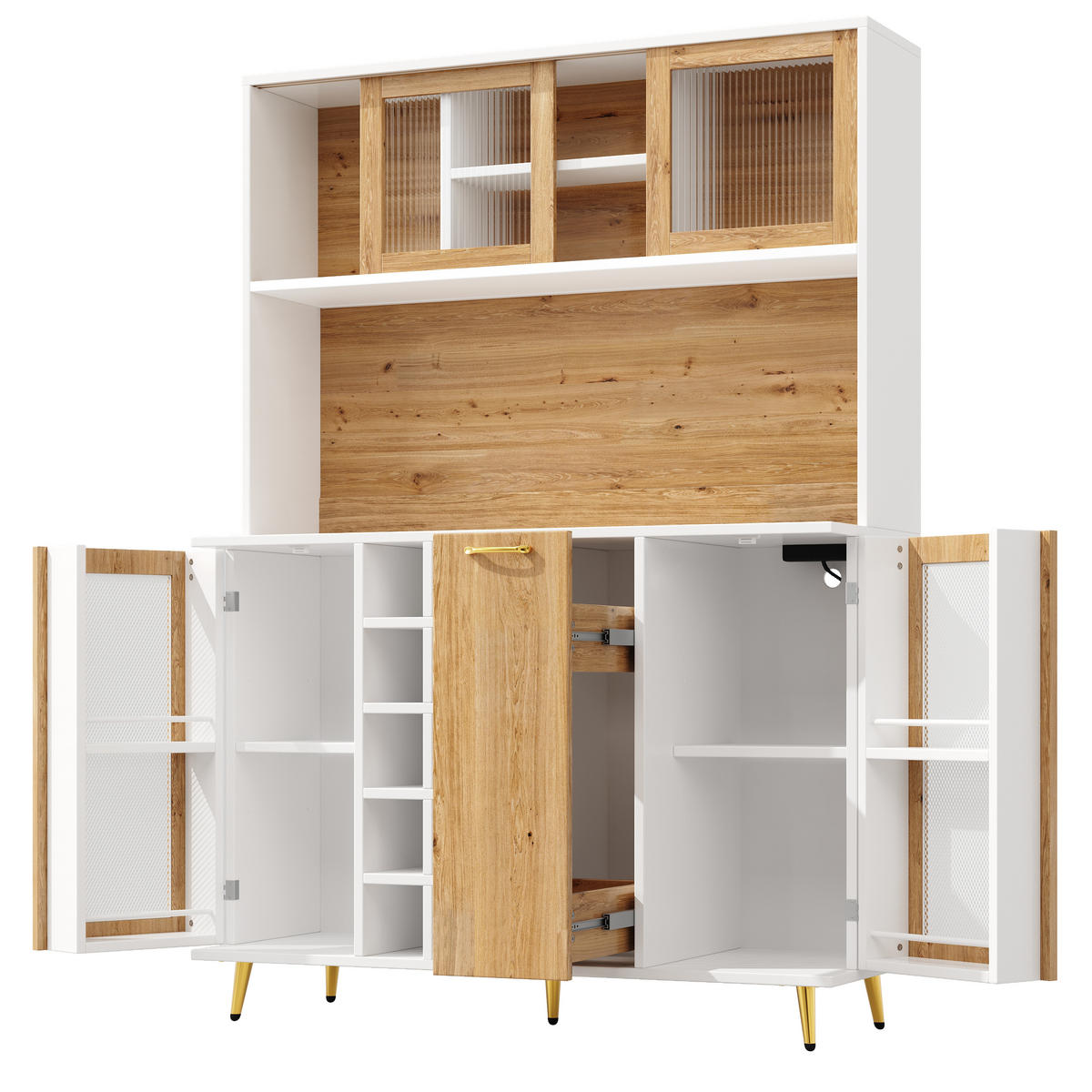 BUFFETSCHRANK 120/40/170 cm Weiß/Holzdekor aus MDF mit LED und Steckdose - Weiß, Holzwerkstoff (120/170/40cm) - OKWISH