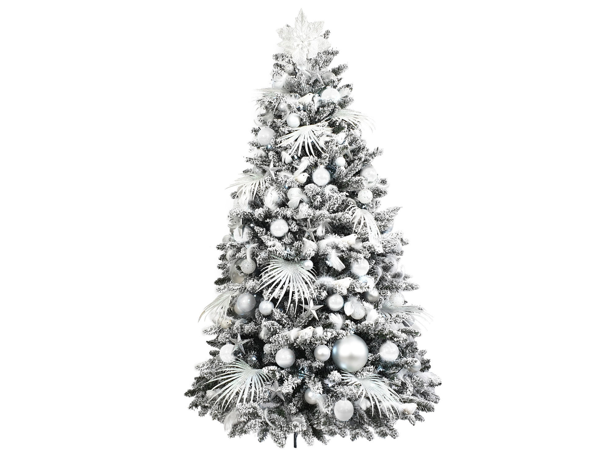 WEIHNACHTSBAUM geschmückt künstlich mit 109 Stk Kugeln POLAR WHITE 210 cm mit Metallständer - Silberfarben/Weiß, Kunststoff (210cm) - LAALU