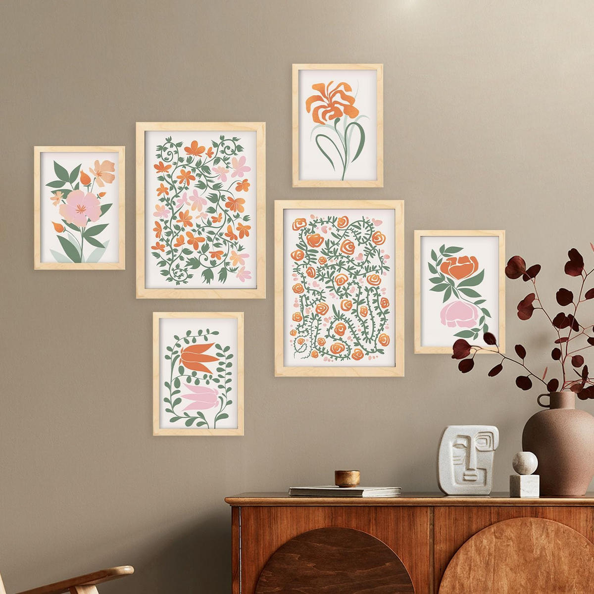 POSTER Set Mit 6 Fustige Blume Zusammenfassung A3 & A4 Rahmen Aus Hellem Holz - Beige, Papier (29/3cm) - Nacnic