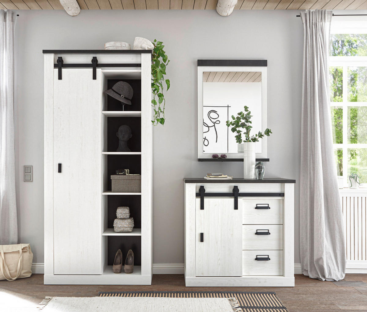 SCHUHSCHRANK weiß Pinie, Landhaus, Flurschrank mit Schiebetür - Anthrazit/Weiß, Holzwerkstoff/Metall (93/201/38cm) - Furn.Design