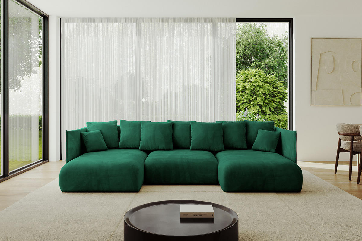 WOHNLANDSCHAFT mit Schlaffunktion und Bettkasten ONESK-U 304x165x40 Dunkelgrün Velours - Dunkelgrün, Holzwerkstoff/Kunststoff (304/90/165cm) - ALTDECOR