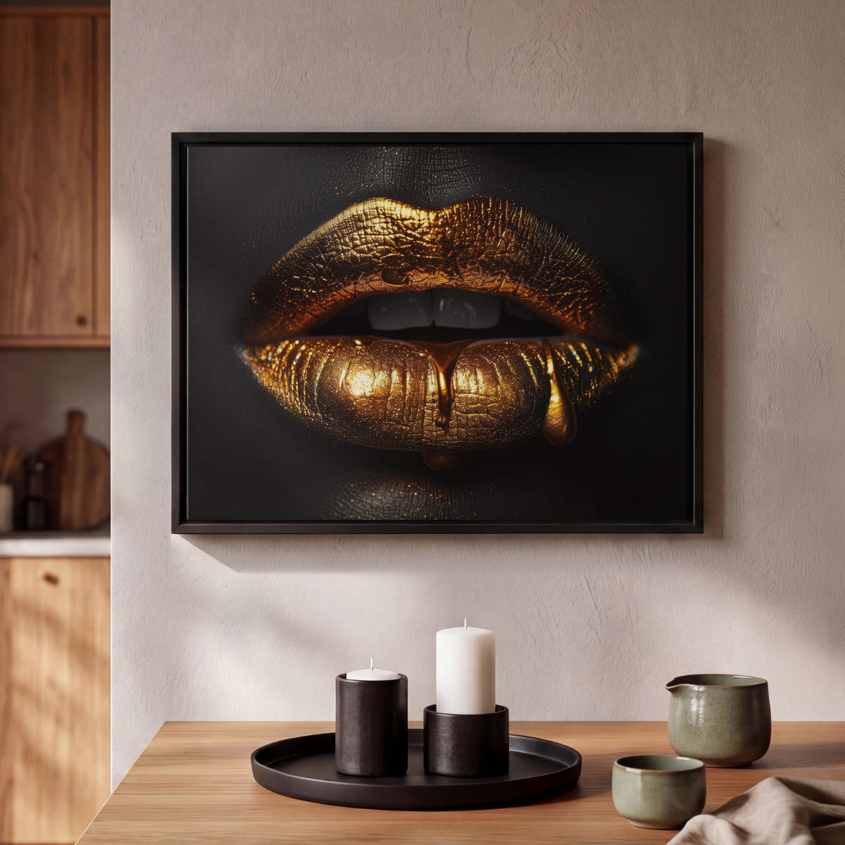 LEINWAND Bilder mit Rahmen - Frau - Porträt - Lippen - Gold - Schwarz - 40x30 - Schwarz, Textil (40/30cm) - MuchoWow