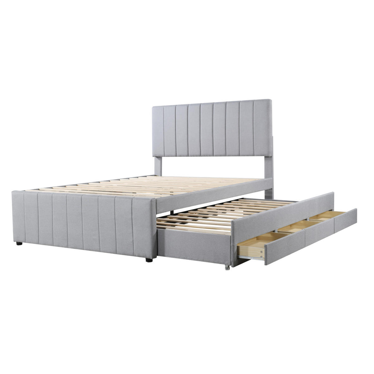 ČALÚNENÁ posteľ z MDF, ľanu a kovu 140x200 cm sivá s výsuvným lôžkom, 3 zásuvkami a výškovo nastaviteľným čelom - sivá, textil (140/200cm) - Modfu