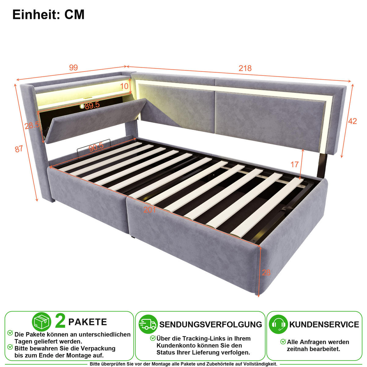 SCHLAFSOFA 90/200 cm in Hellgrau mit Bettkasten, LED und USB - Hellgrau, Holzwerkstoff/Textil (90/200cm) - CHICFURN