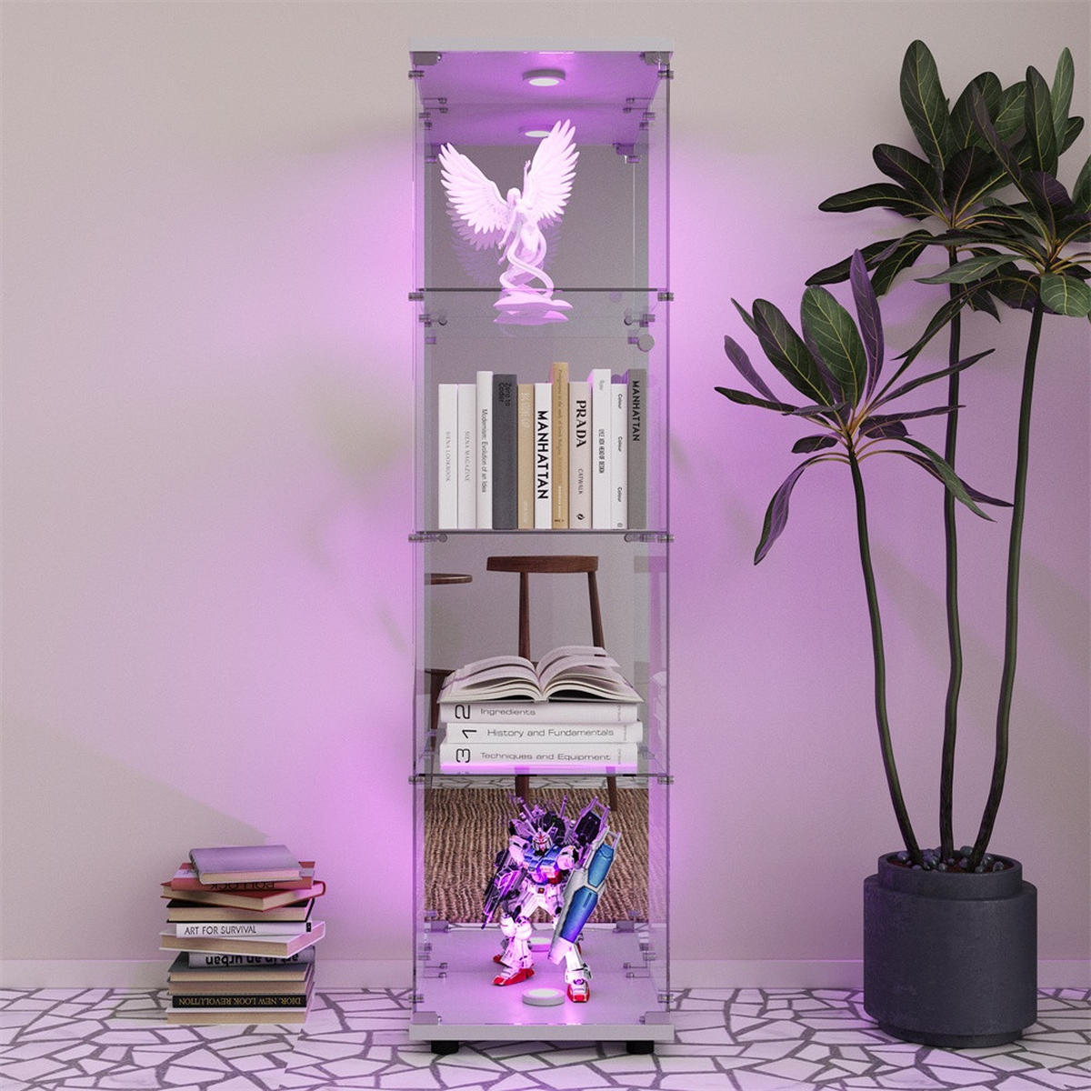 VITRINE - Glasvitrine mit 4 Ebenen - integrierte LED-Beleuchtung - Weißer Holzboden - Weiß, Glas (42.5/164/36.5cm) - DELFA