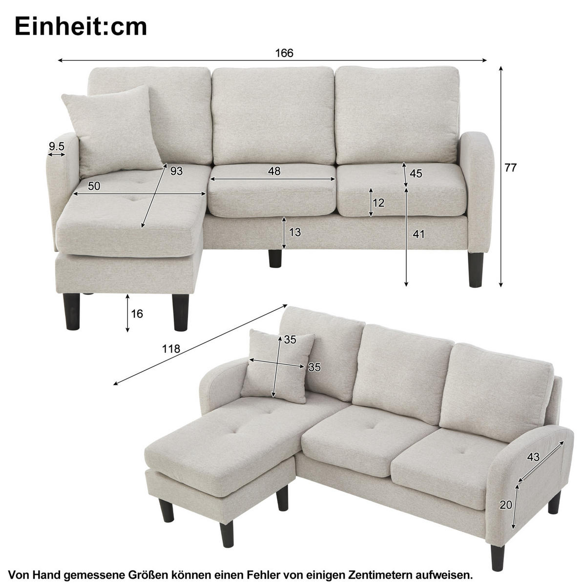 ECKSOFA Baumwoll-Leinenbezug mit modularer Chaiselongue Beige Grau Weiß 166/118/77 cm - Greige, Textil (166/118cm) - Redom