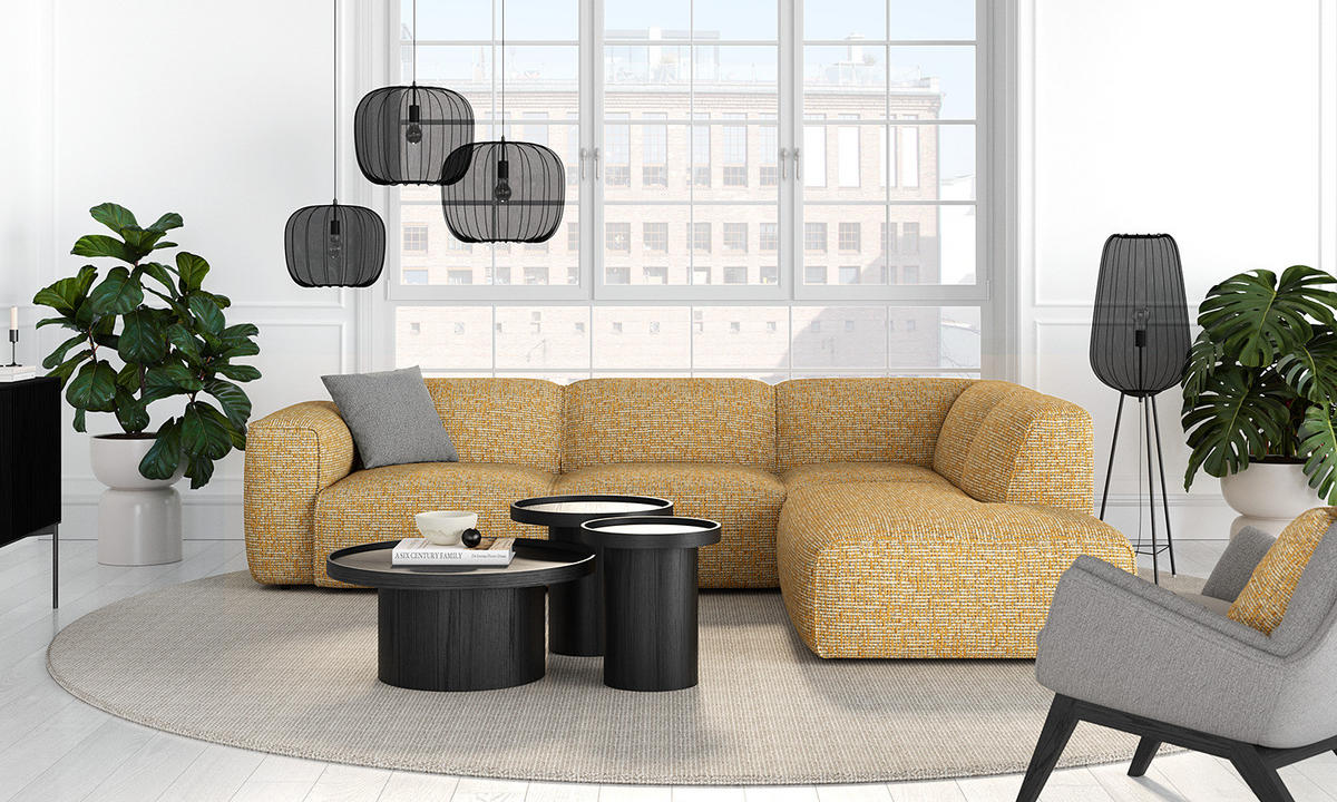 3-SITZER ECKSOFA mit Recamiere - Schwarz/Honig, Kunststoff/Textil (295/231cm) - home24