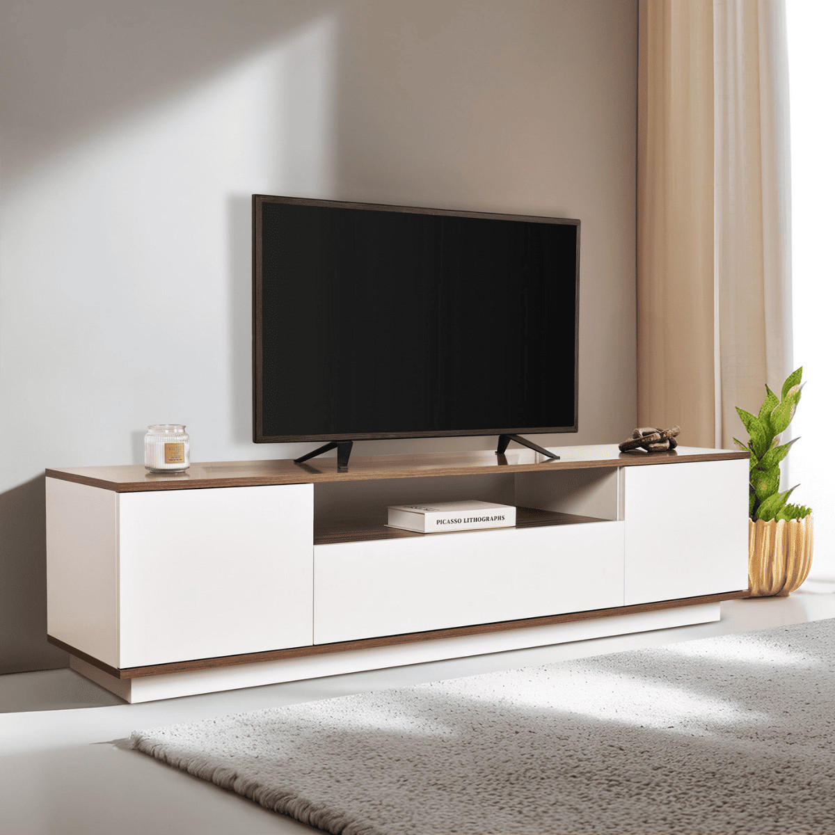 TV furniture with 3 folding doors and 1 niche, L180 cm - Weiß, Holzwerkstoff (44.5/44.6/12cm) - Calicosy