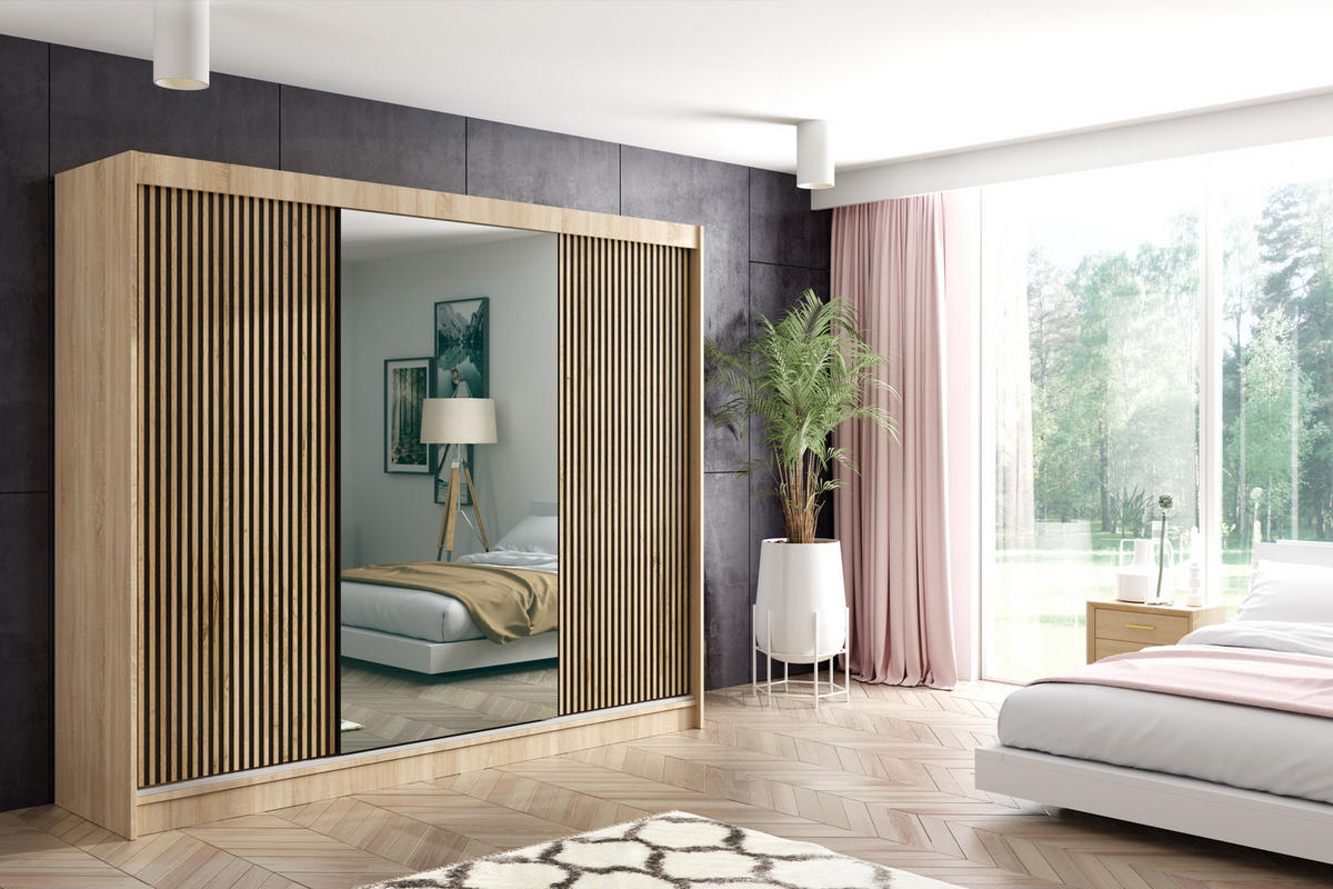 KLEIDERSCHRANK VILAN mit Spiegel - 250 cm - Sonoma Eiche|Eiche Wotan - Eiche Wotan/Sonoma Eiche, Holzwerkstoff (250/215/61cm) - ALTDECOR