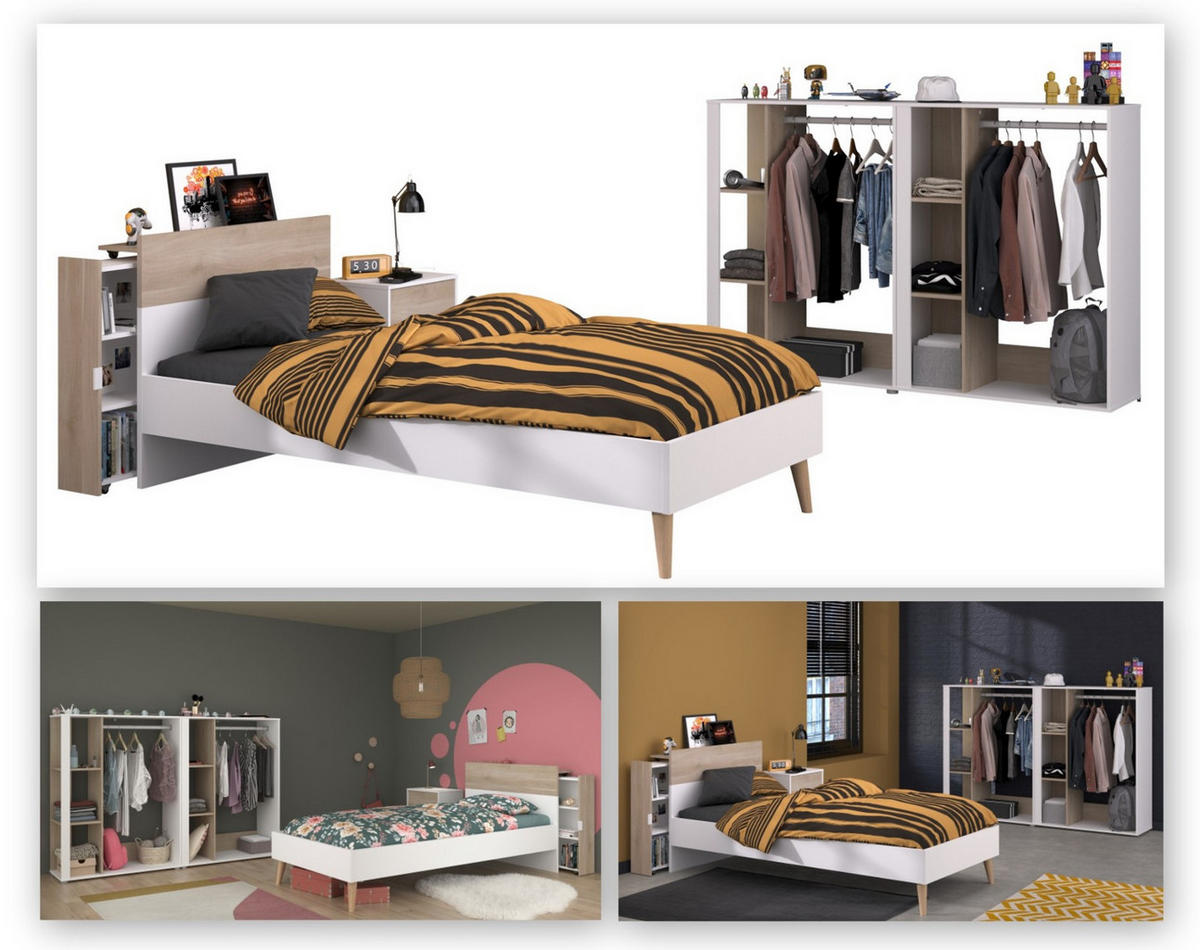 JUGENDZIMMER weiß, Eiche, Komplett-Set 5-teilig mit vielen Fächern - Eichefarben/Weiß, Holzwerkstoff/Kunststoff (95/123/206cm) - Parisot Meuble