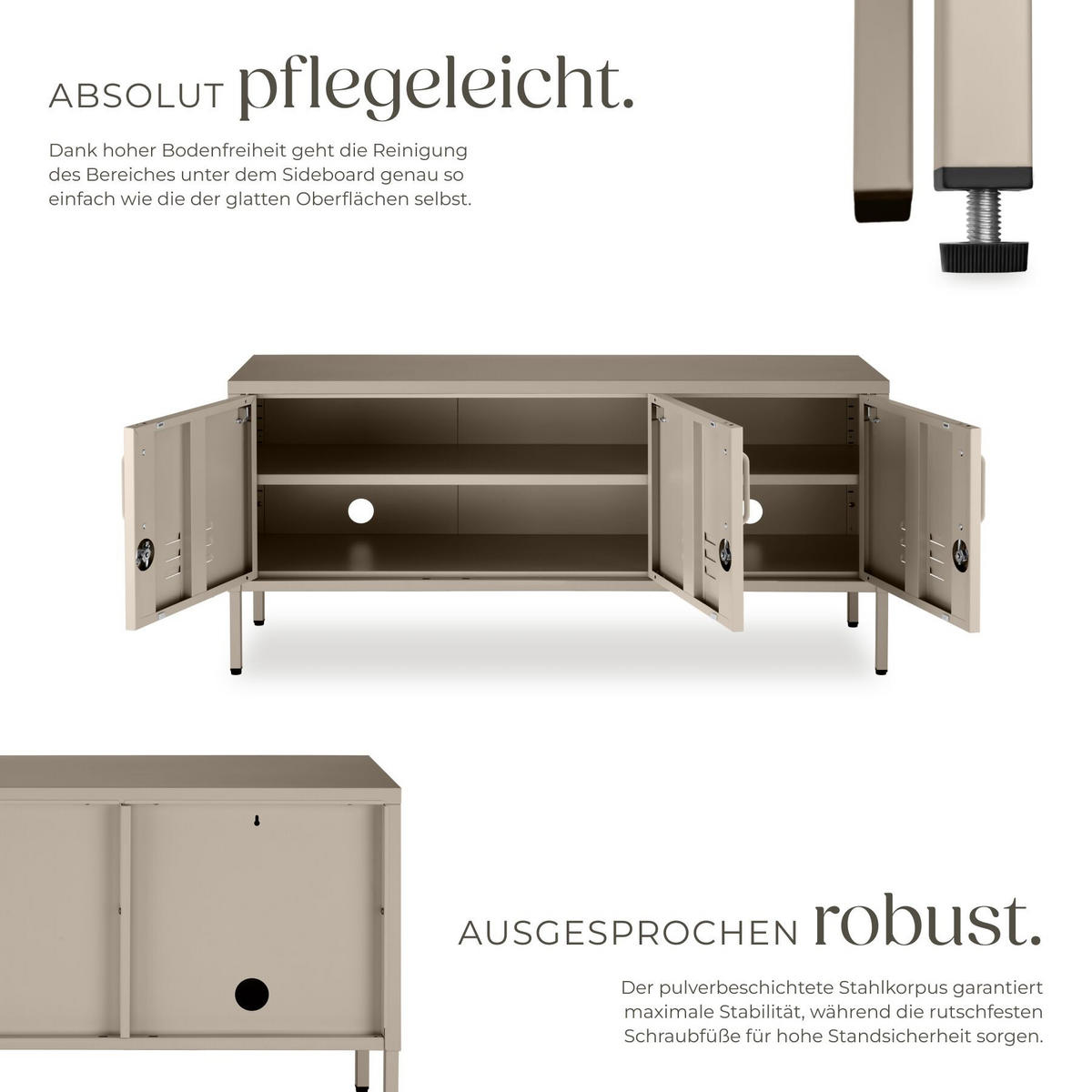 SIDEBOARD Baker, Kippschutz, höhenverstellbare Füße, taupe - Taupe, Metall (120/55.5/37.5cm) - tectake