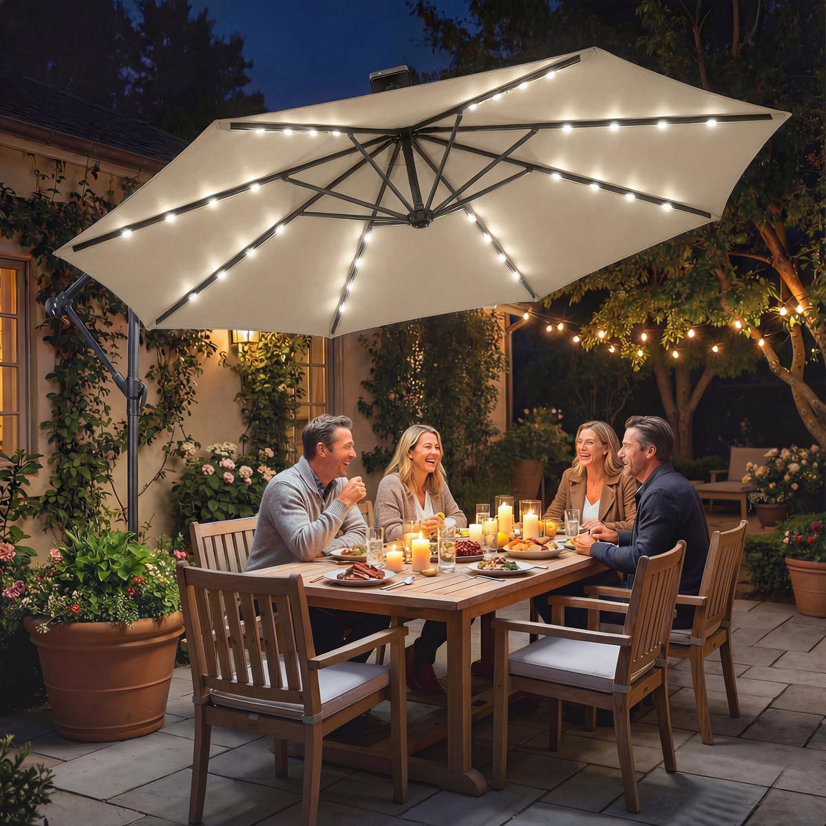 AMPELSCHIRM mit Solar LED Metall Polyester Beige - Beige, Textil/Metall (300/300cm) - Outsunny