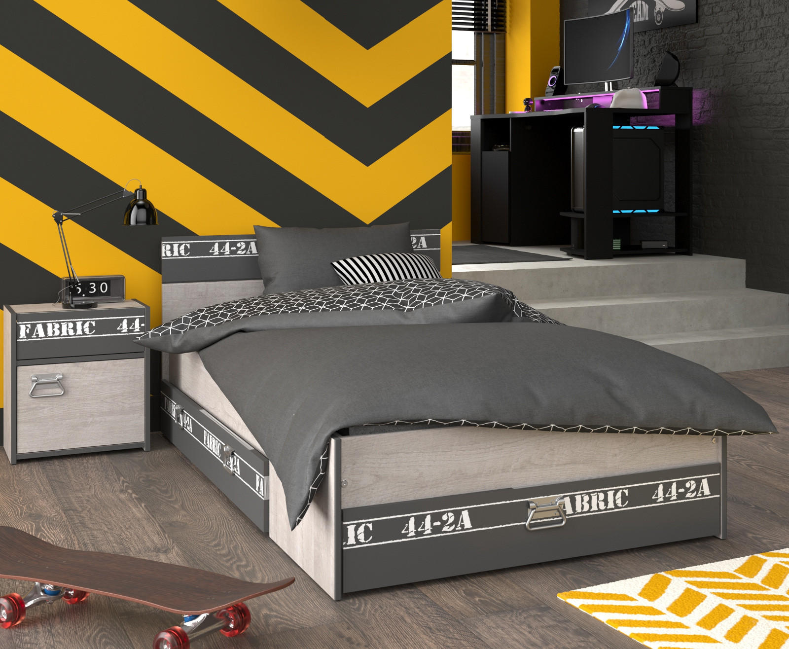 JUGENDZIMMER Set 3-tlg Gamingschreibtisch Bett 90 x 200 Nachttisch - Chromfarben/Eschefarben, Holzwerkstoff/Kunststoff (90/87/200cm) - Parisot Meuble