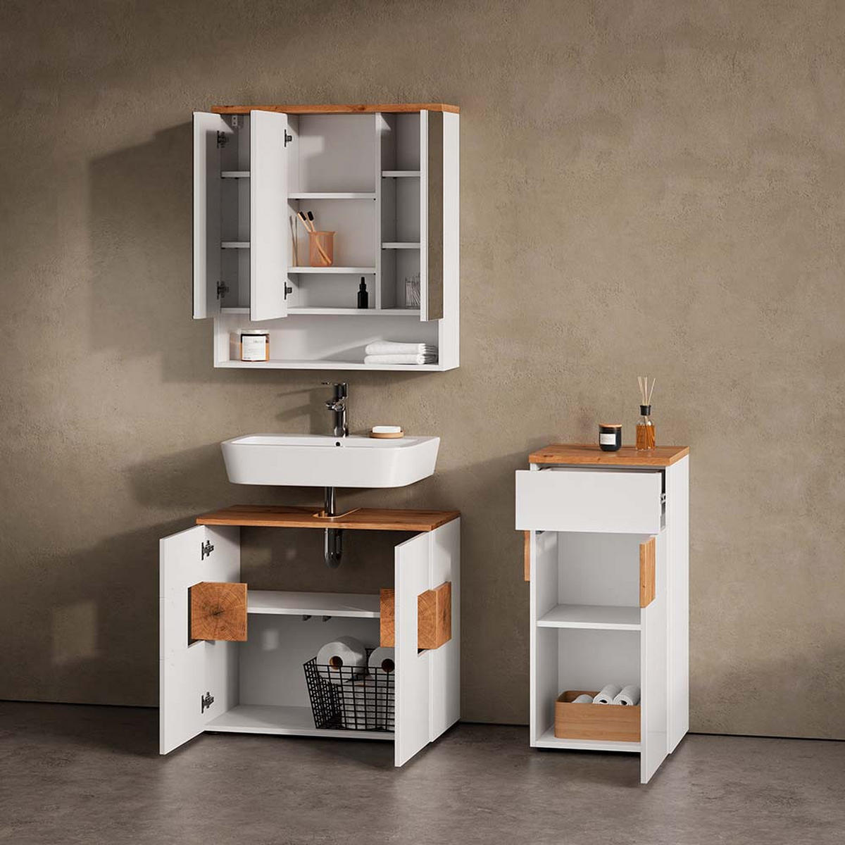 BADMÖBEL-SET Tanaro Weiß 3 Teile - Weiß/Eiche Artisan, Holzwerkstoff (73/64/21cm) - Livinity®