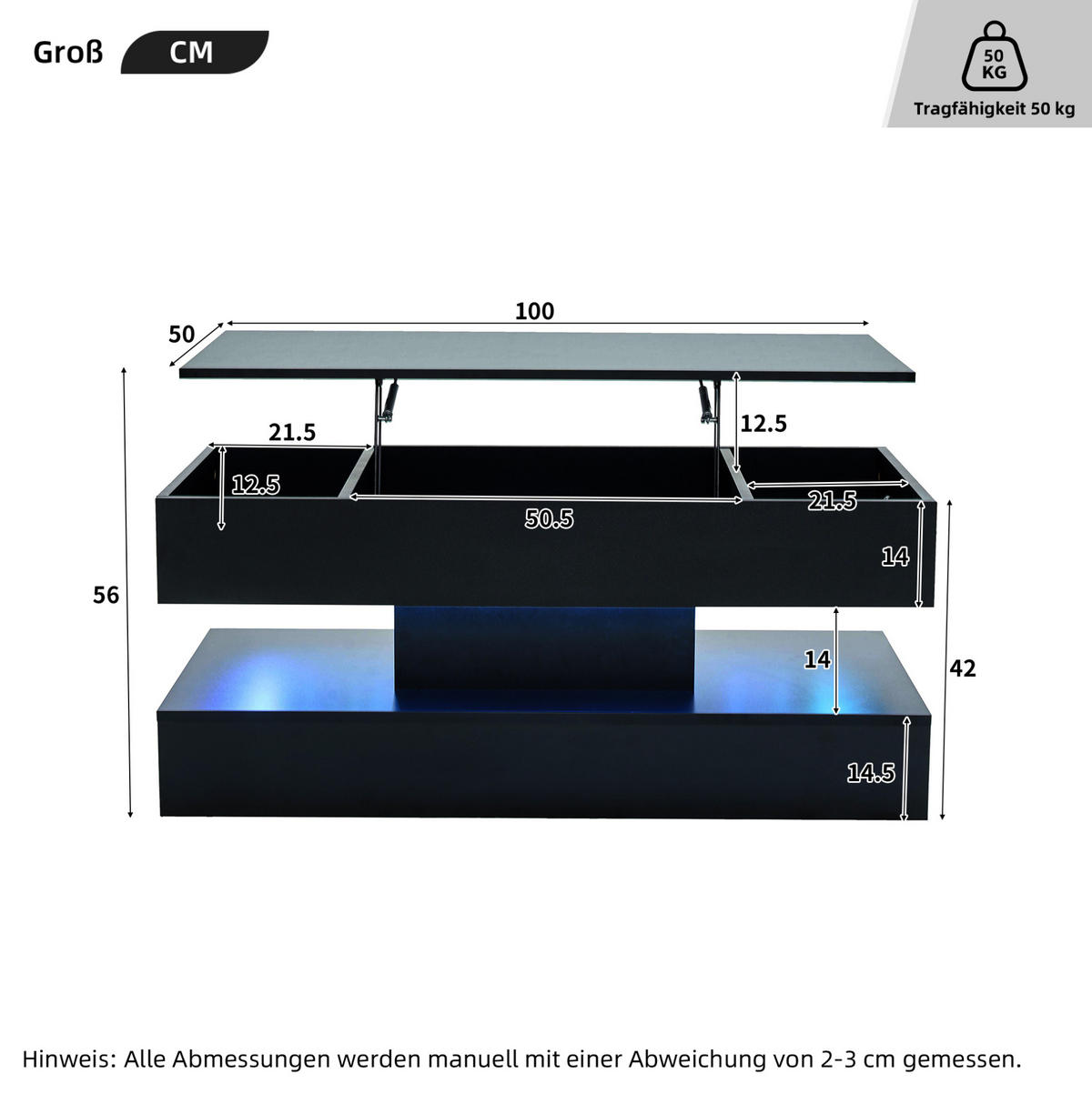 COUCHTISCH 100/50/42 cm in Schwarz, höhenverstellbar mit LED-Beleuchtung - Schwarz, Holzwerkstoff (100/50/42cm) - Flora Grace