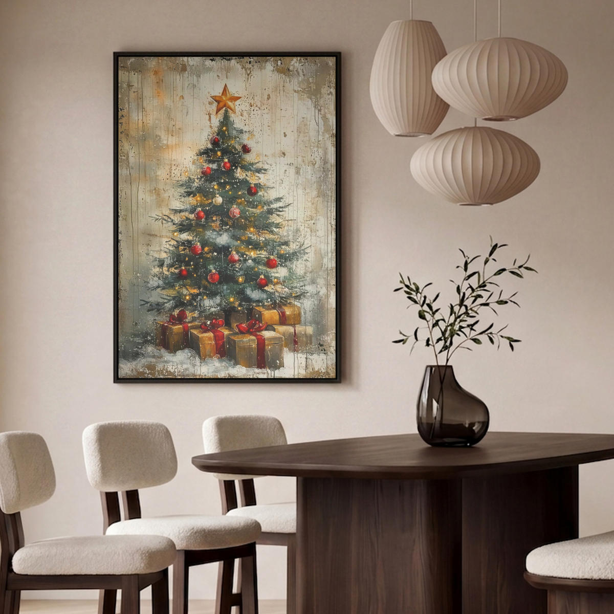 LEINWAND Bilder mit Rahmen - Weihnachtsbaum - Vintage - Weihnachten - Geschenk - 80x120 - Rostfarben, Textil (80/120cm) - MuchoWow