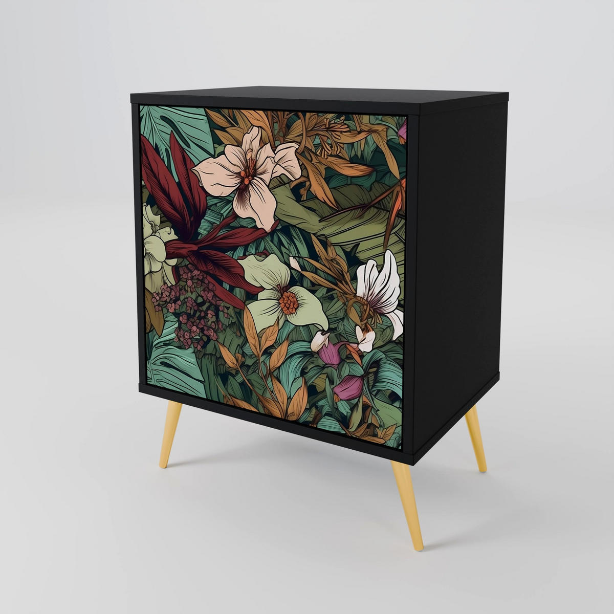 SIDEBOARD BOTANICAL EMERGENCE, Schwarz, 57,5x42x70,5 cm, Schwarze Metall-Sternfüße - Multicolor/Schwarz, Holzwerkstoff/Metall (57.5/70.5/42cm) - SpaceRebels