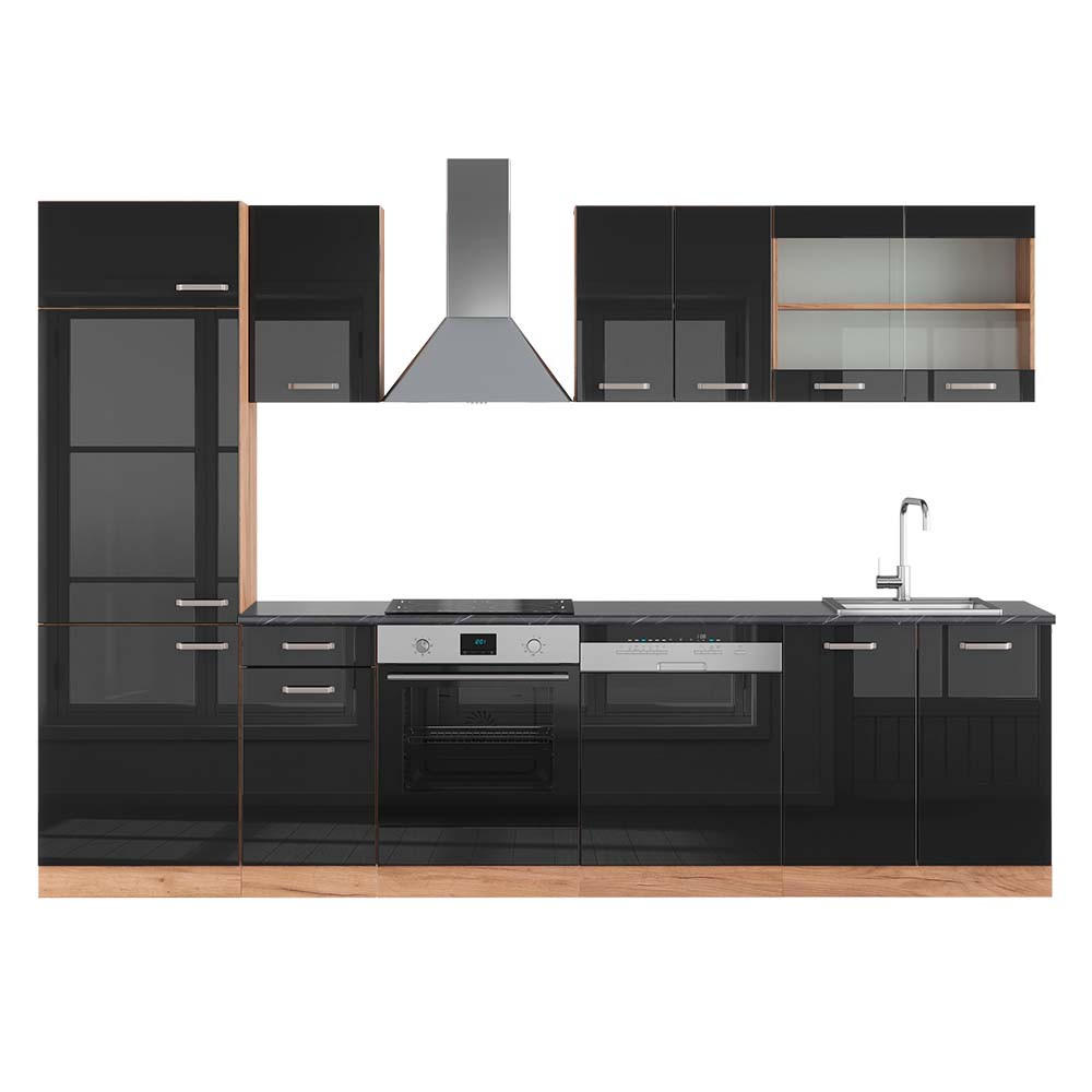 KÜCHENZEILE R-Line Schwarz Hochglanz/Goldkraft Eiche 300 cm AP Anthrazit - Schwarz Hochglanz/Eiche Wotan, Holzwerkstoff (300/81.6/60cm) - Vicco