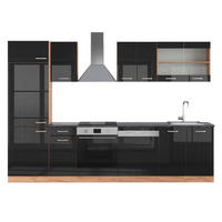 KÜCHENZEILE R-Line Schwarz Hochglanz/Goldkraft Eiche 300 cm AP Anthrazit - Schwarz Hochglanz/Eiche Wotan, Holzwerkstoff (300/81.6/60cm) - Vicco