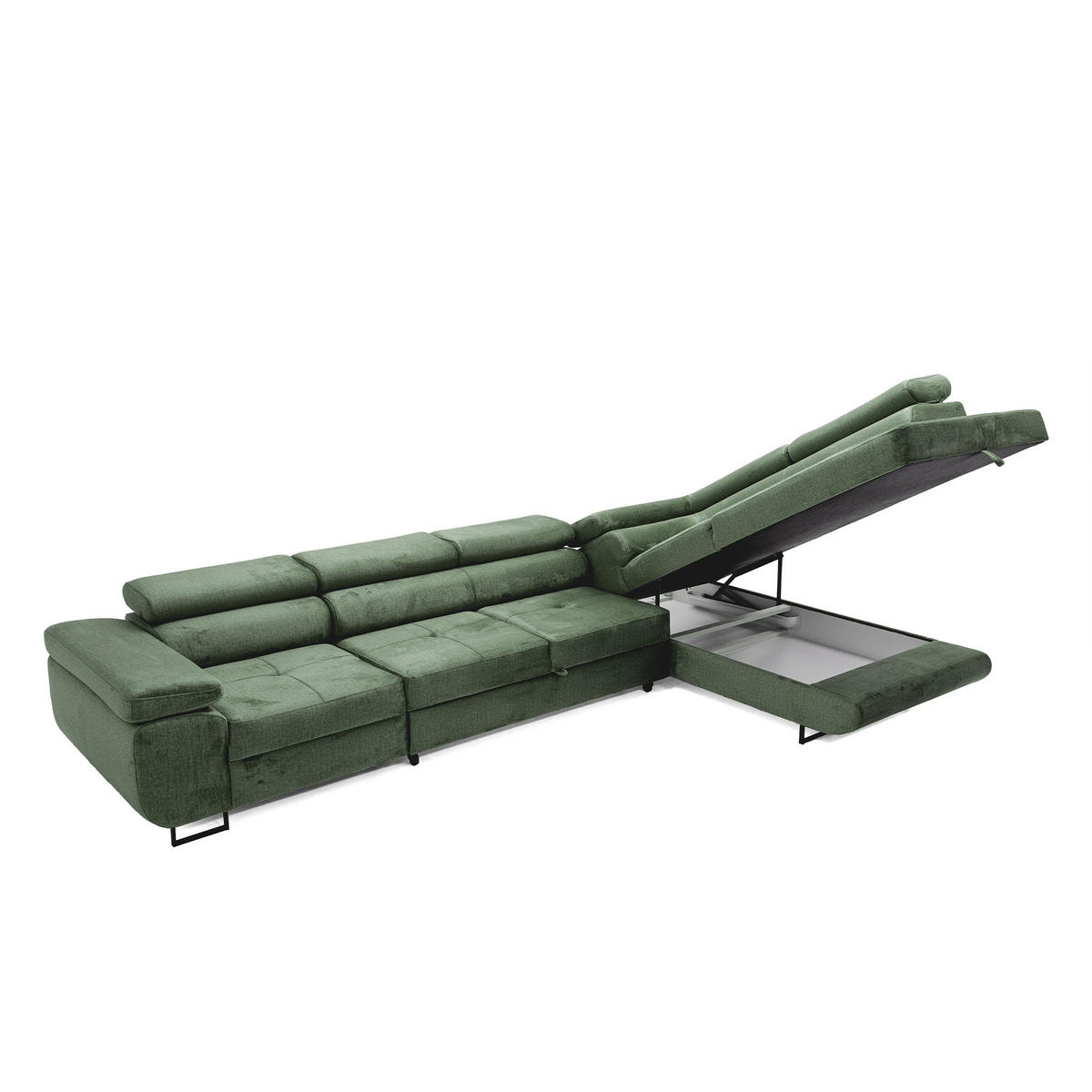 ECKSOFA WILD MAXI L Rechts mit Schlaffunktion 125x195 Velours Dunkelgrün - Chromfarben/Dunkelgrün, Holz/Textil (203/350cm) - Muffo