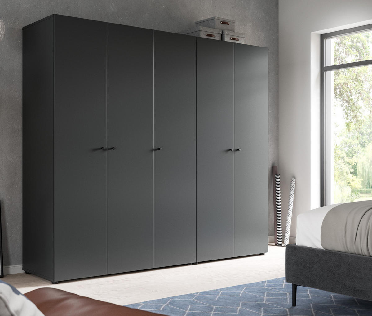 KLEIDERSCHRANK grau 5-türig 200 cm, Drehtürenschrank mit Kleiderstangen - Schwarz/Grau, Holzwerkstoff/Kunststoff (200/176/51cm) - Inn.Furn