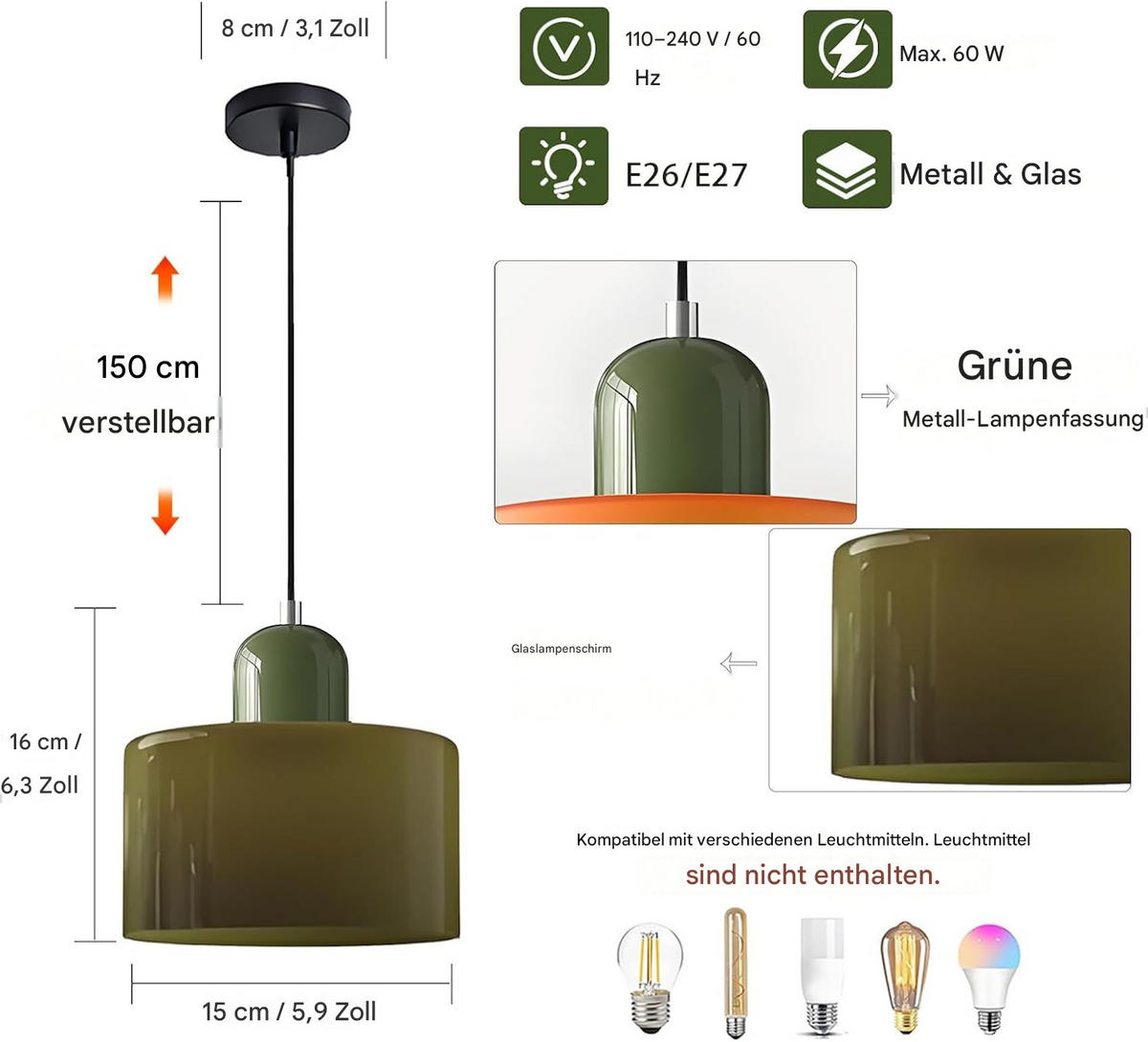 PENDELLEUCHTE Glas Nordisch Modern 15cm Mattgrün, E27 bis 150cm höhenverstellbar - Hellgrün, Metall (15/16/15cm) - Authentics