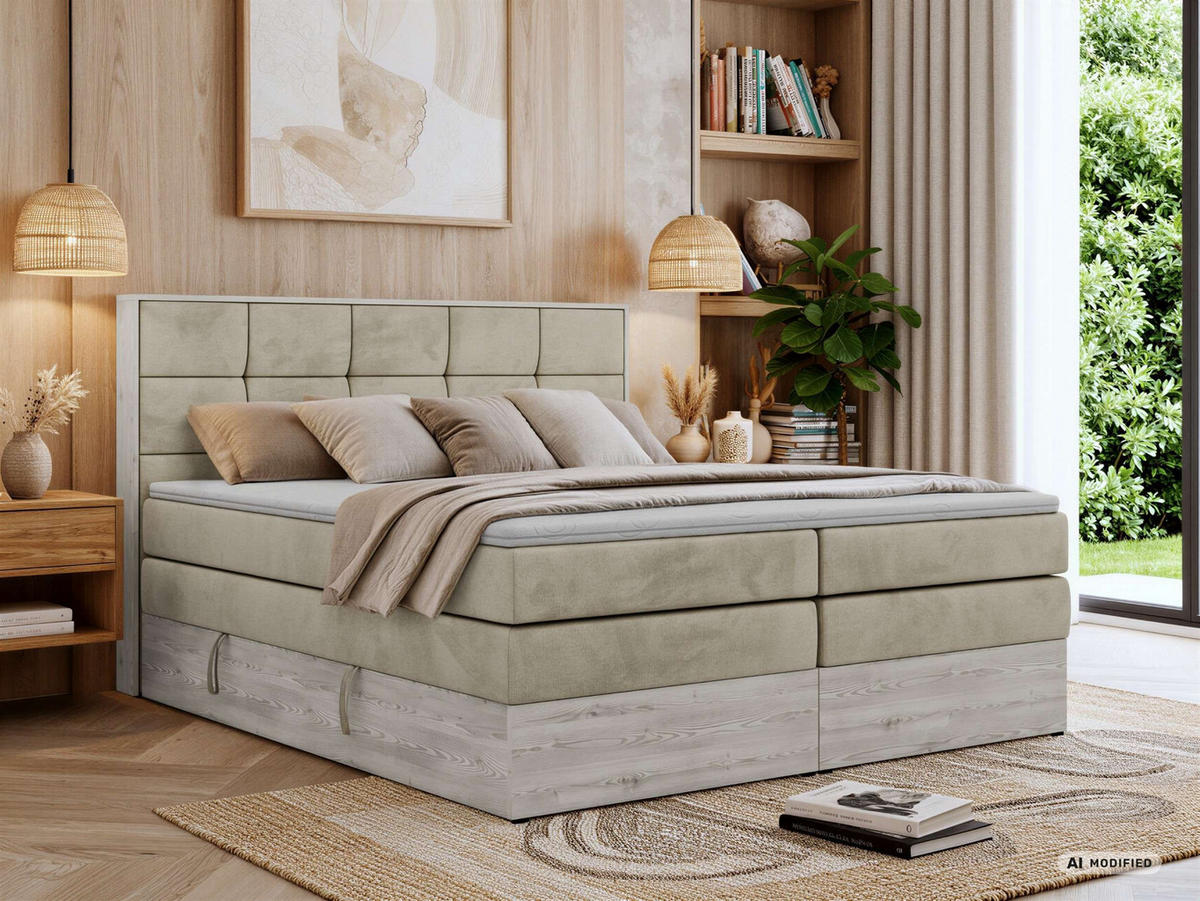 BOXSPRINGBETT ALNOR KING 160/200 - Beige Velvet - Topper T25 - H4 - Beige/Schwarz, Kunststoff/Textil (160/200cm) - MKS