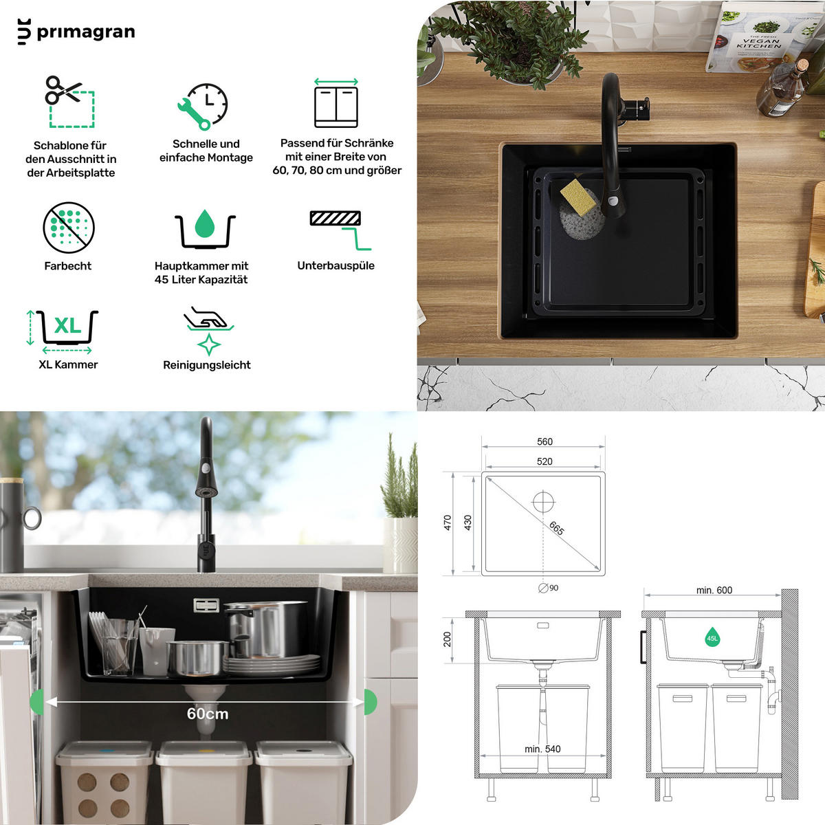 UNTERBAUSPÜLE GRANIT London, 2-er set Schwarz 56/47 cm 1 Becken + Küchenarmatur 32/20 cm + Ablauf-Set ab 60er Unterschrank - Chromfarben/Schwarz, Kunststoff (56/20/47cm) - Primagran