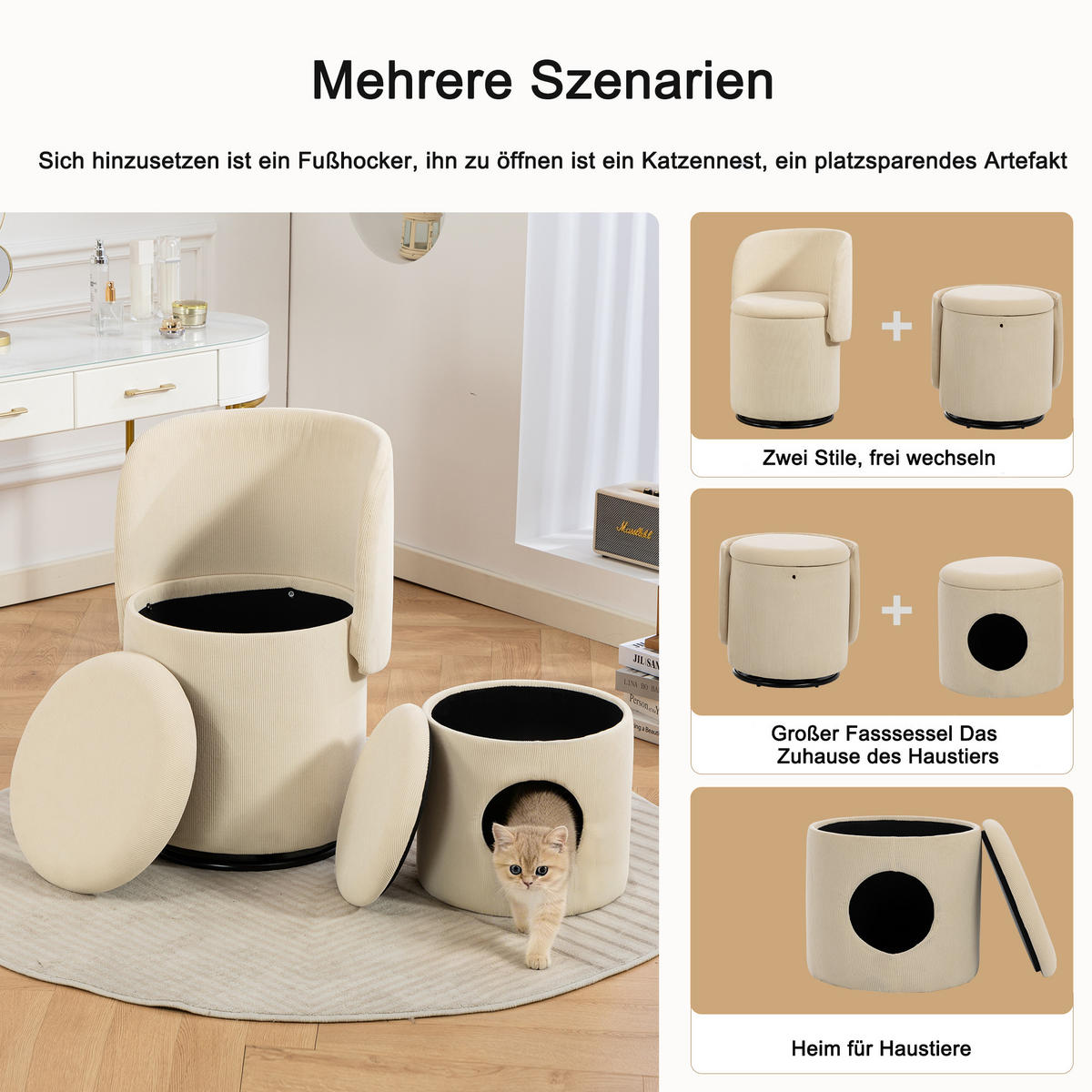 SESSEL Cord Beige drehbar und mit Stauraum - Beige, Holzwerkstoff/Textil (48/75/52cm) - WISHDOR