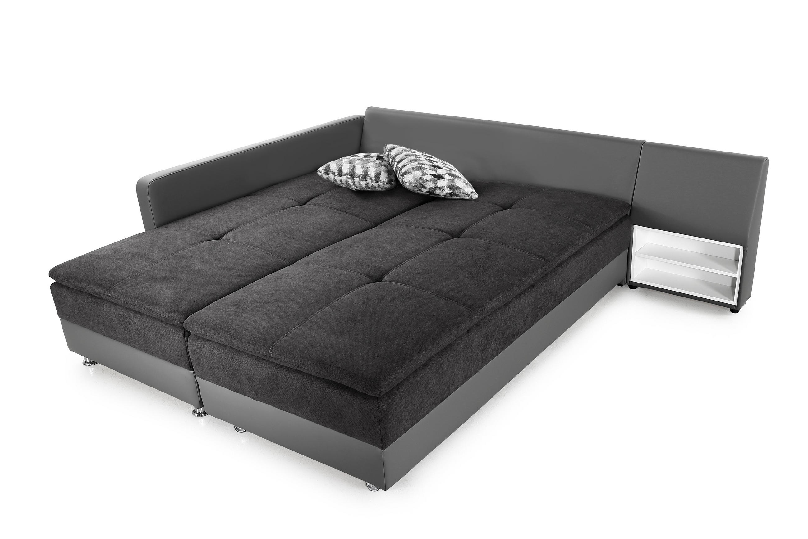 ECKSOFA-DAUERSCHLÄFER Doppelbett Boxspring Federkern Topper, Schwenkteil rechts B306/T223/H95 cm, Kunstleder Grau+Mikrofaser Anthrazit / 15106 - Chromfarben/Anthrazit, Textil/Metall (306/223cm) - luma-home