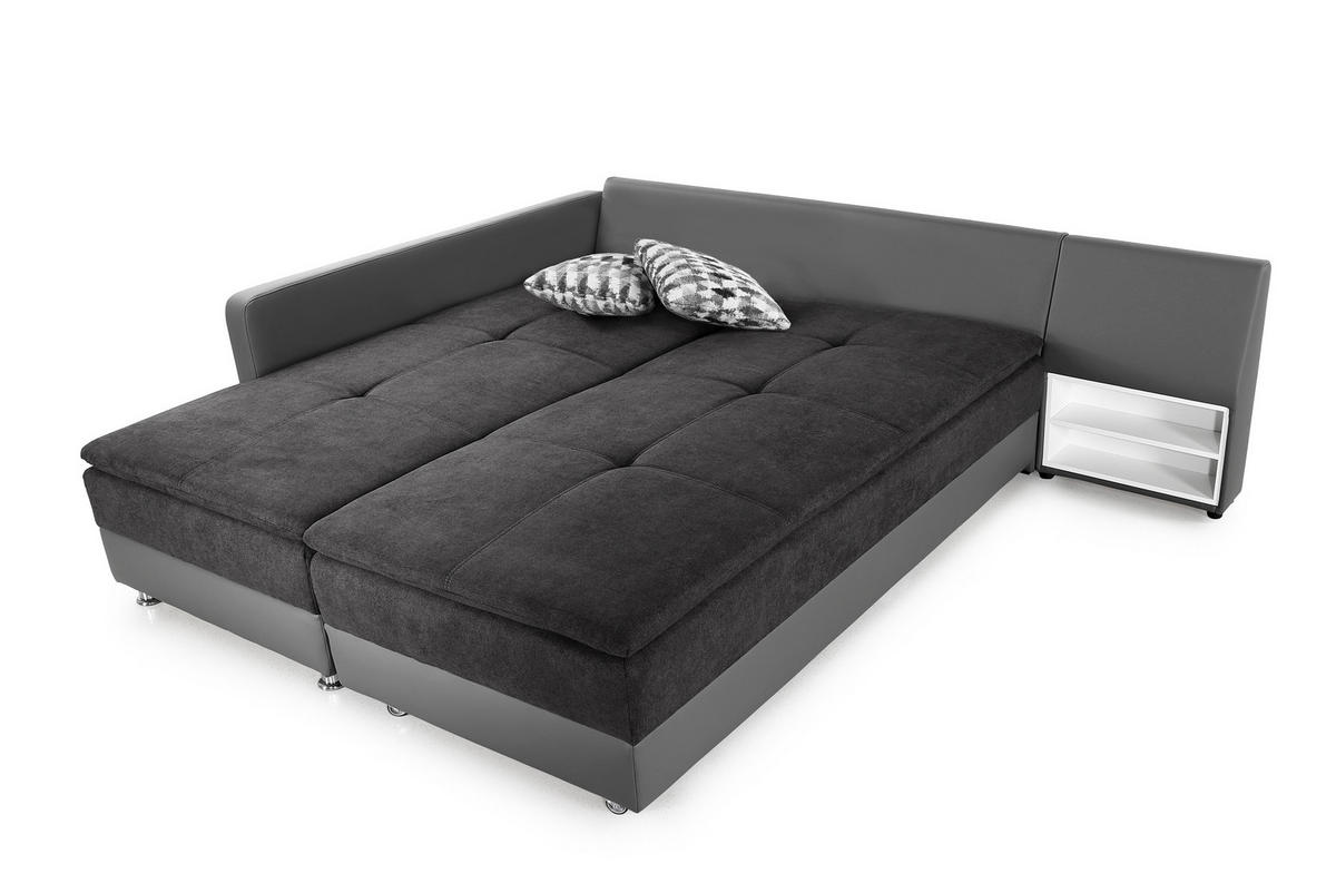 ECKSOFA-DAUERSCHLÄFER Doppelbett Boxspring Federkern Topper, Schwenkteil rechts B306/T223/H95 cm, Kunstleder Grau+Mikrofaser Anthrazit / 15106 - Chromfarben/Anthrazit, Textil/Metall (306/223cm) - luma-home