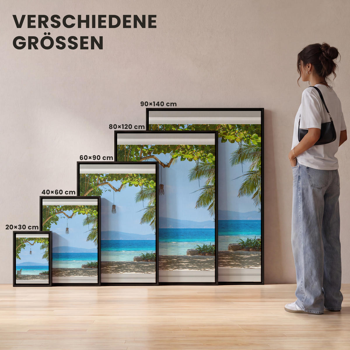 LEINWAND Bilder mit Rahmen - Aussicht - Baum - Meer - Palme - Hügel - Strand - Blau - 80x120 - Blau, Textil (80/120cm) - MuchoWow