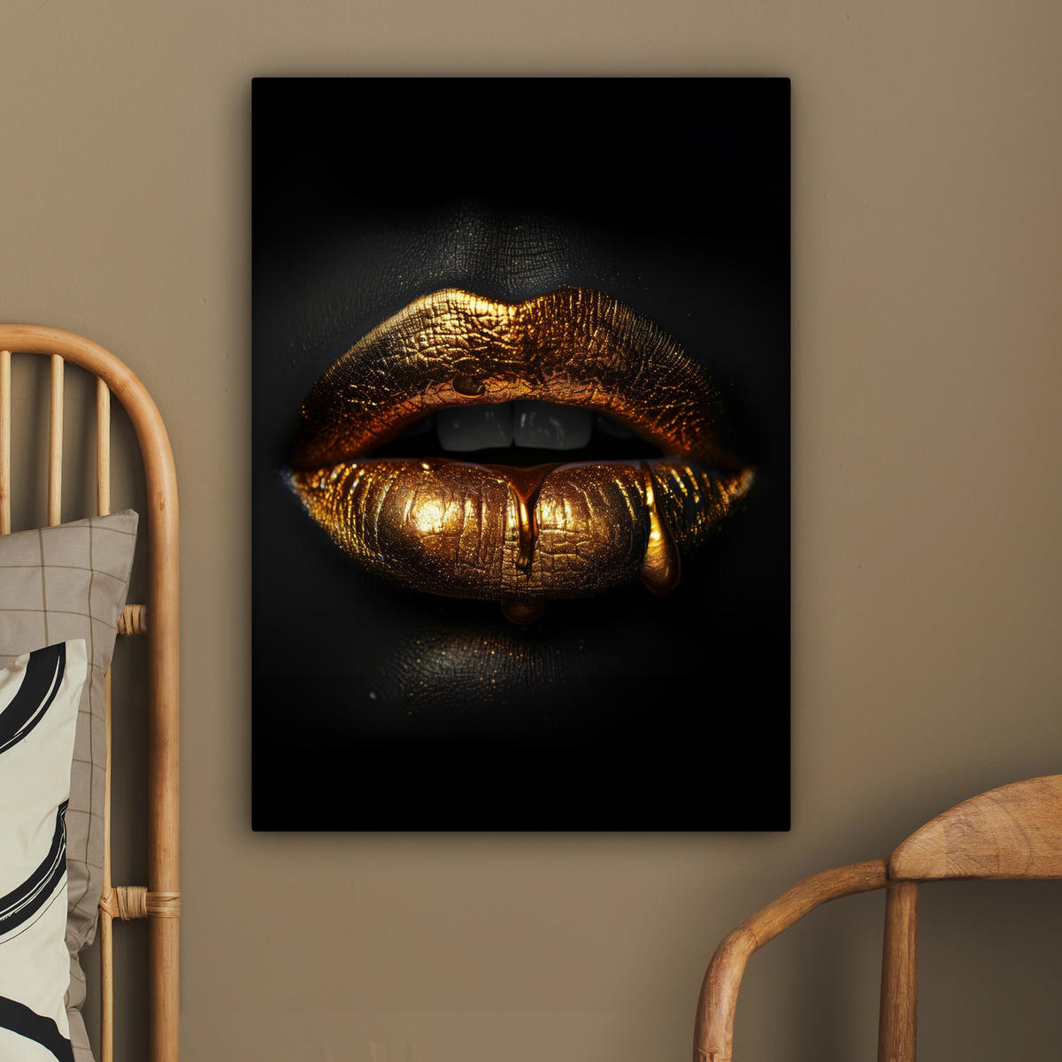 LEINWANDBILD Frau - Porträt - Lippen - Gold - Schwarz 60x80 cm - Schwarz, Textil (60/80cm) - MuchoWow
