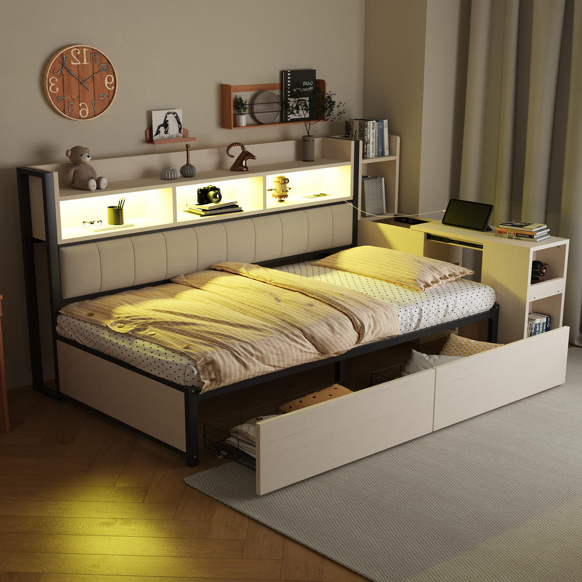 METALLBETT 90/200 cm in Weiß & Natur mit 2 Schubladen, Steckdosen und Schreibtisch - Weiß, Holzwerkstoff/Metall (90/200cm) - WISHDOR
