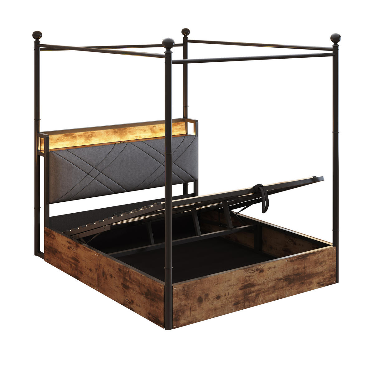 METALLBETT aus Metall 140x190 cm Schwarz mit LED, USB-/Type-C-Anschluss und hydraulischem Bettkasten - Schwarz, Metall (140/190cm) - Modfu