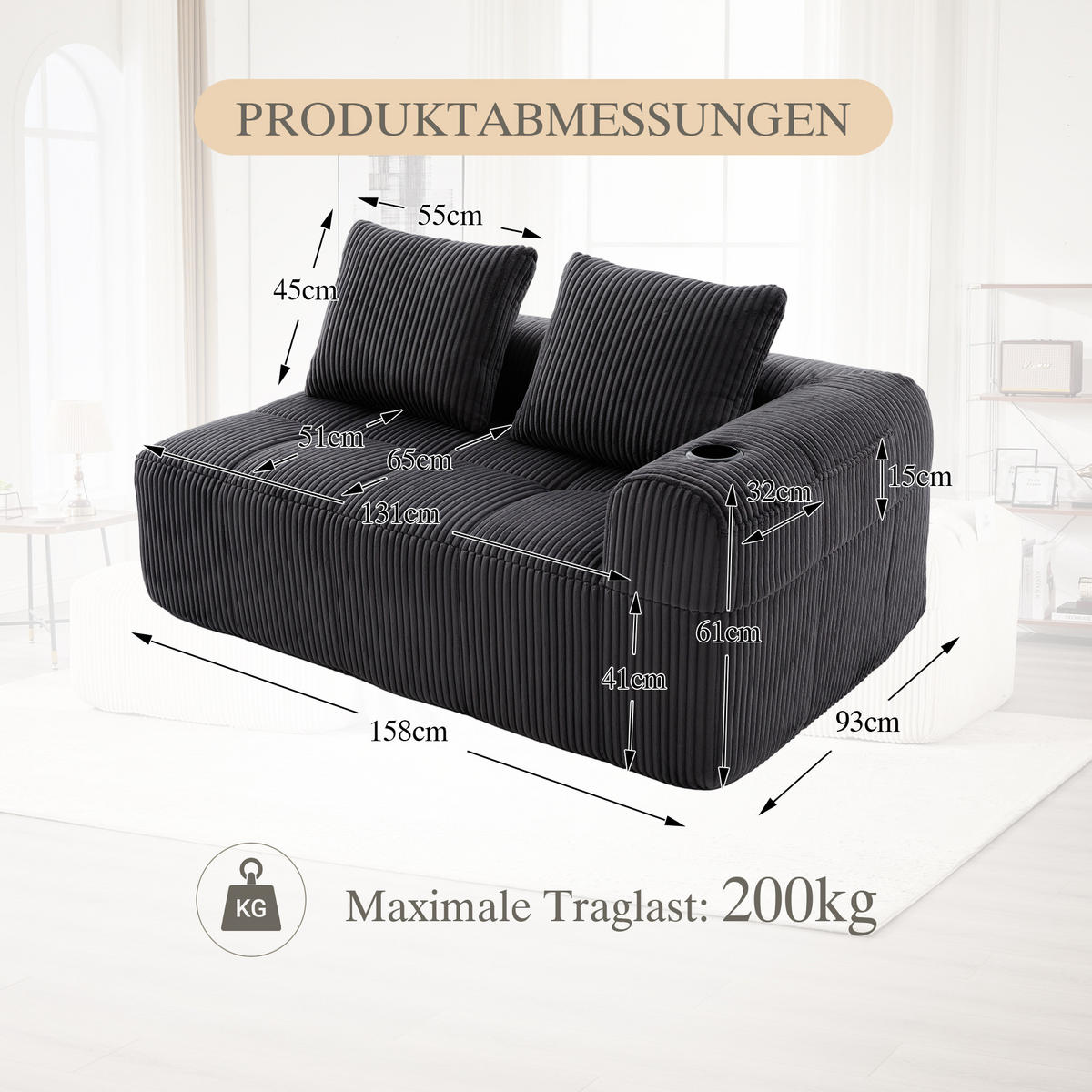 CHAISELONGUE in Cord Übergroßer Relaxsessel mit Seitentaschen - Dunkelgrau, Textil (158/61/93cm) - Urban Meuble