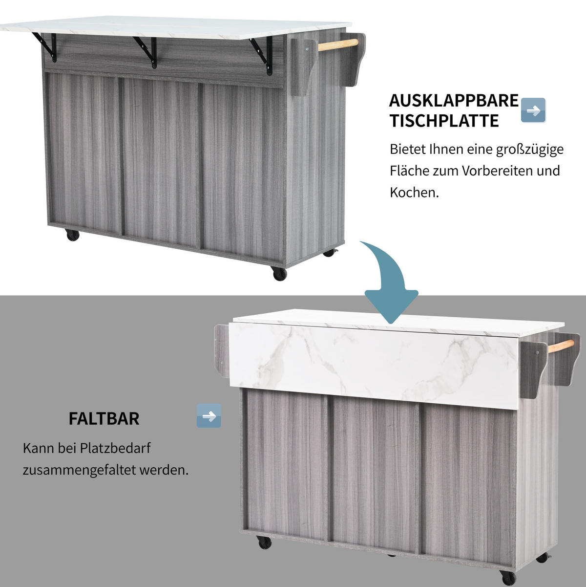 KÜCHENINSELWAGEN 139x71x91.5cm Grau mit Falttisch, Schubladen & Rollen - Grau, Holzwerkstoff (139/91.5/71cm) - Modfu