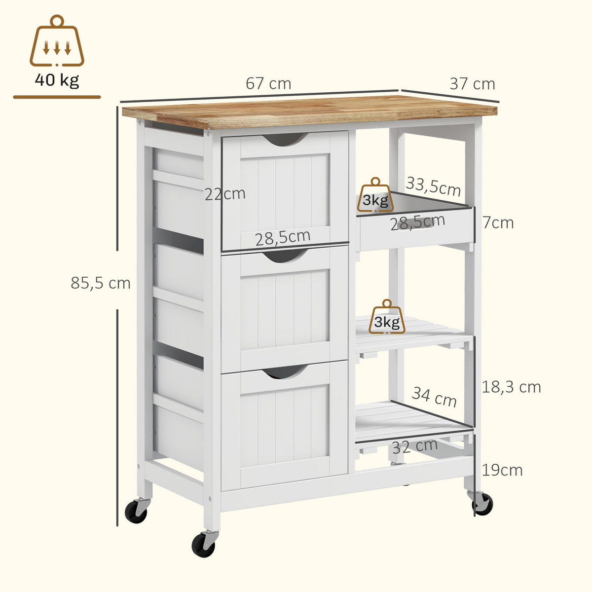KÜCHENWAGEN, Rollwagen mit Holz-Arbeitsplatte, 67 x 37 x 85,5 cm, Weiß - Multicolor, Metall (67/85.5/37cm) - FORIOUS