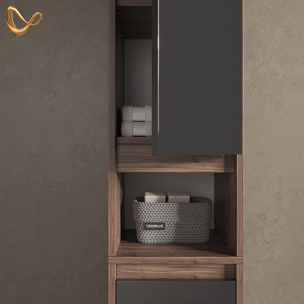 BADSCHRANK Savuto Anthrazit Hochglanz 30.2 x 190 cm - Schwarz Hochglanz/Braun, Holzwerkstoff (30.2/190/30cm) - Livinity®