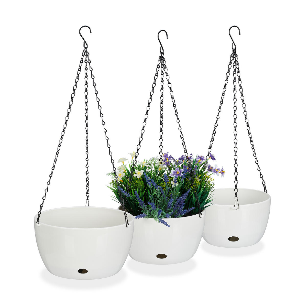 3-TLG.BLUMENAMPEL-SET - Weiß, Kunststoff/Metall (67cm) - Relaxdays