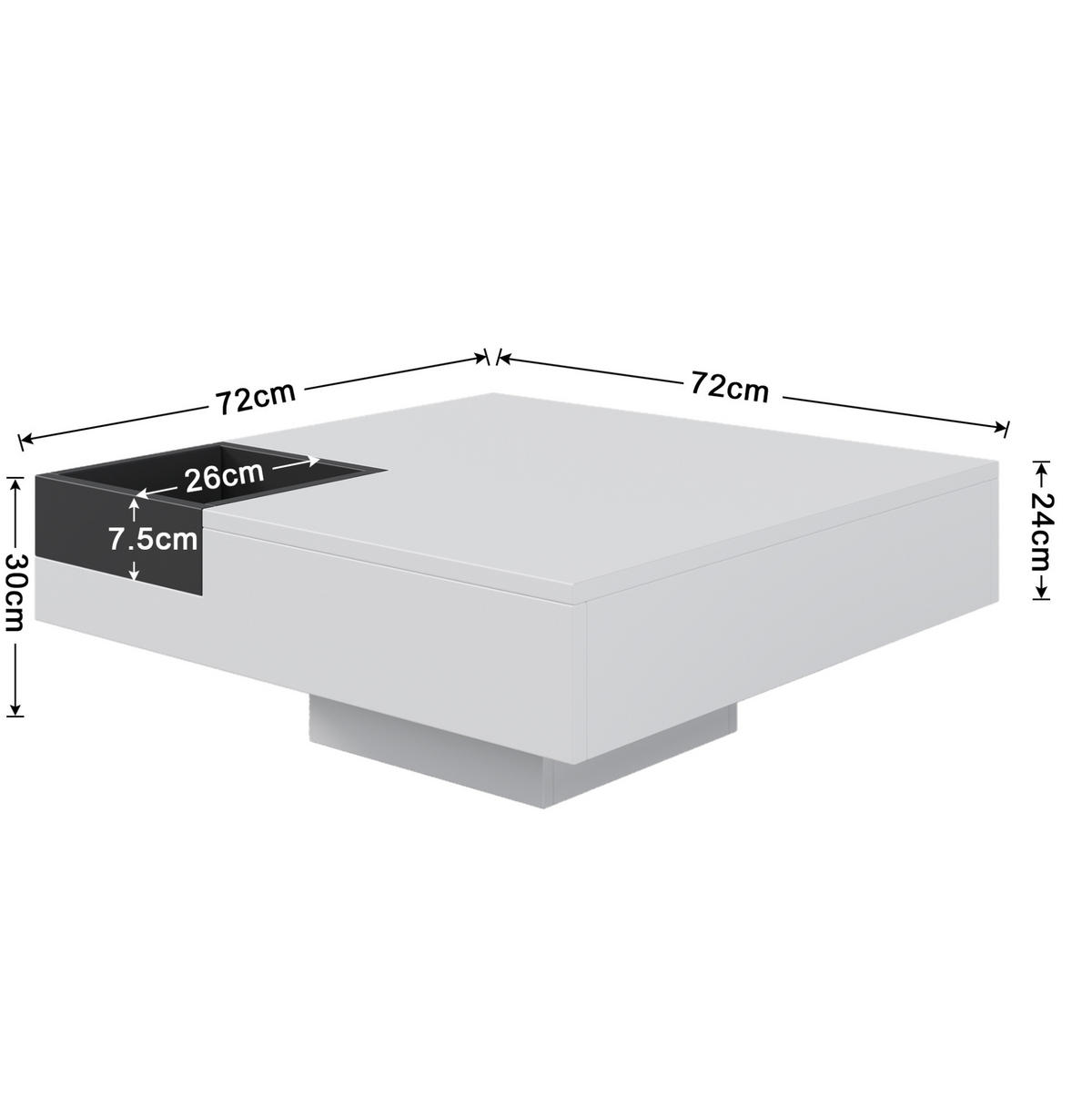 KONFERENČNÍ stolek 72/72/30 cm bílý a černý z dřevotřísky s LED osvětlením a úložným boxem - bílá, kompozitní dřevo (72/72/30cm) - OKWISH