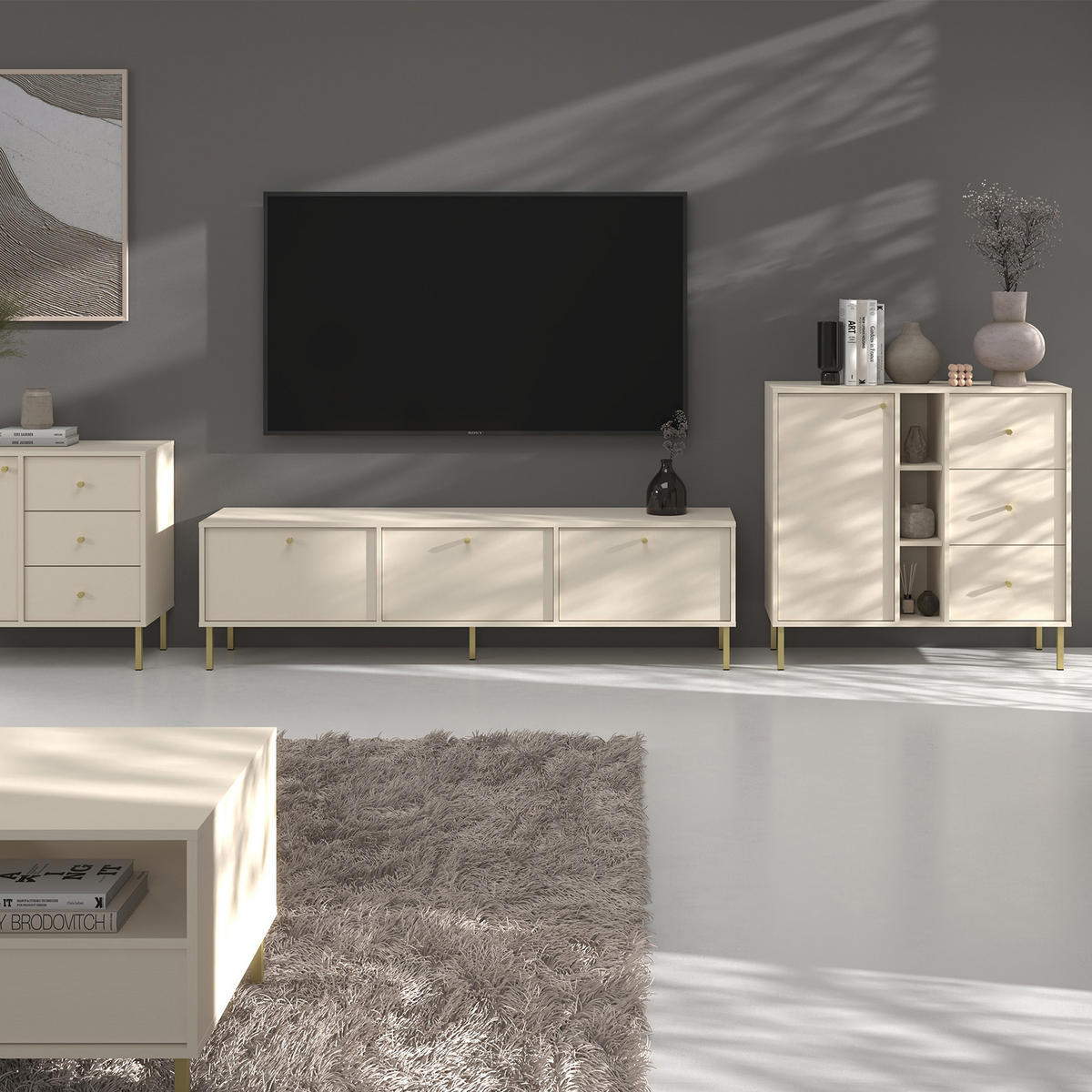 KOMMODE FLOREN, Creme/Gold - Creme, Holzwerkstoff/Metall (100.2/95/40.8cm) - KONSIMO®
