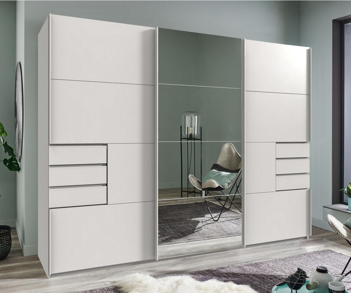 SKŘÍŇ S POSUVNÝMI DVEŘMI, 3dveřová, šířka 270 cm, výška 208 cm, hloubka 64 cm, bílá, s jedním zrcadlovým křídlem, se zásuvkami / 22613 - bílá, kov/kompozitní dřevo (270/208/64cm) - luma-home