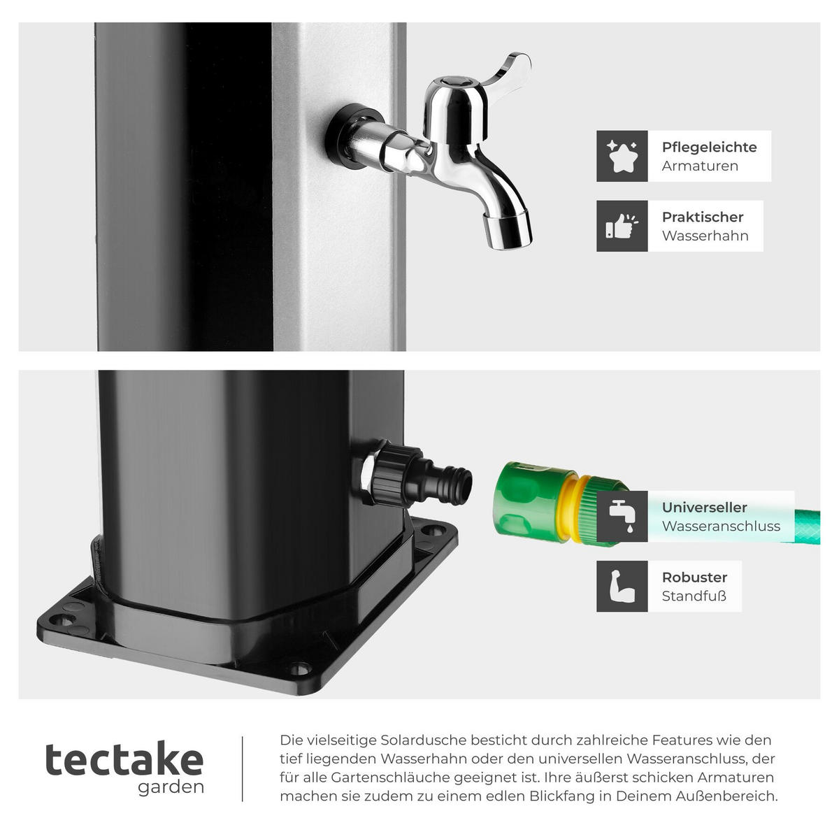 SOLARDUSCHE Ofanto, extra Wasserhahn, inklusive Schutzhülle, schwarz/silber - Silberfarben/Schwarz, Kunststoff (18/217/44.5cm) - tectake