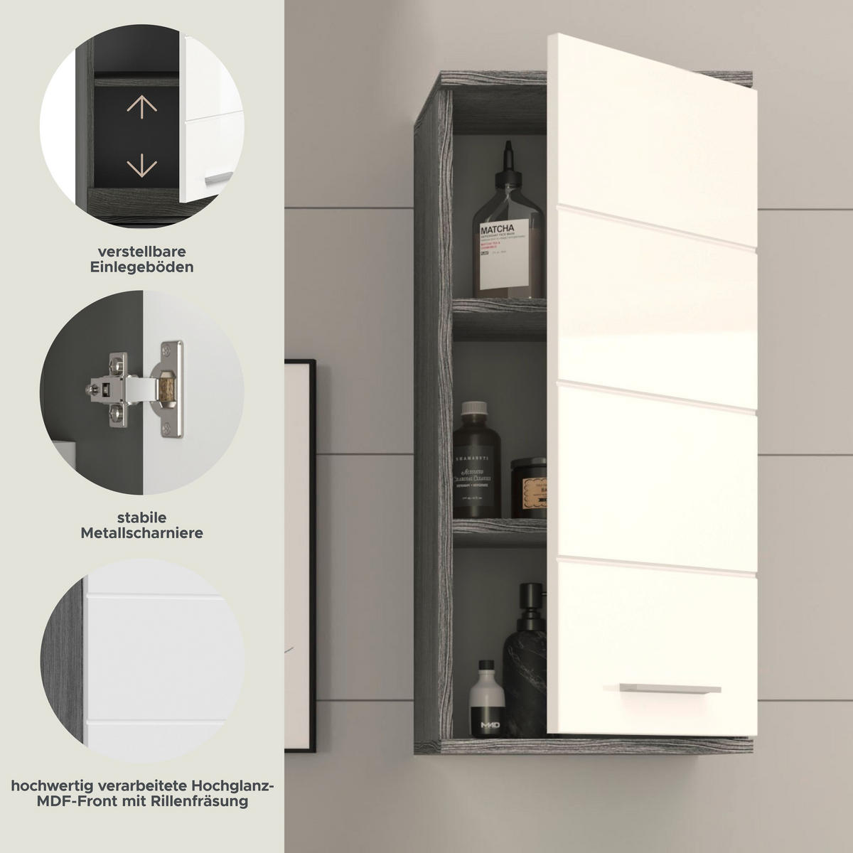 HÄNGESCHRANK Blake Bad in Rauchsilber Nachbildung und weiß hochglanz B/H/T: 35x77x25 cm - Silberfarben, Holz (35/77/25cm)