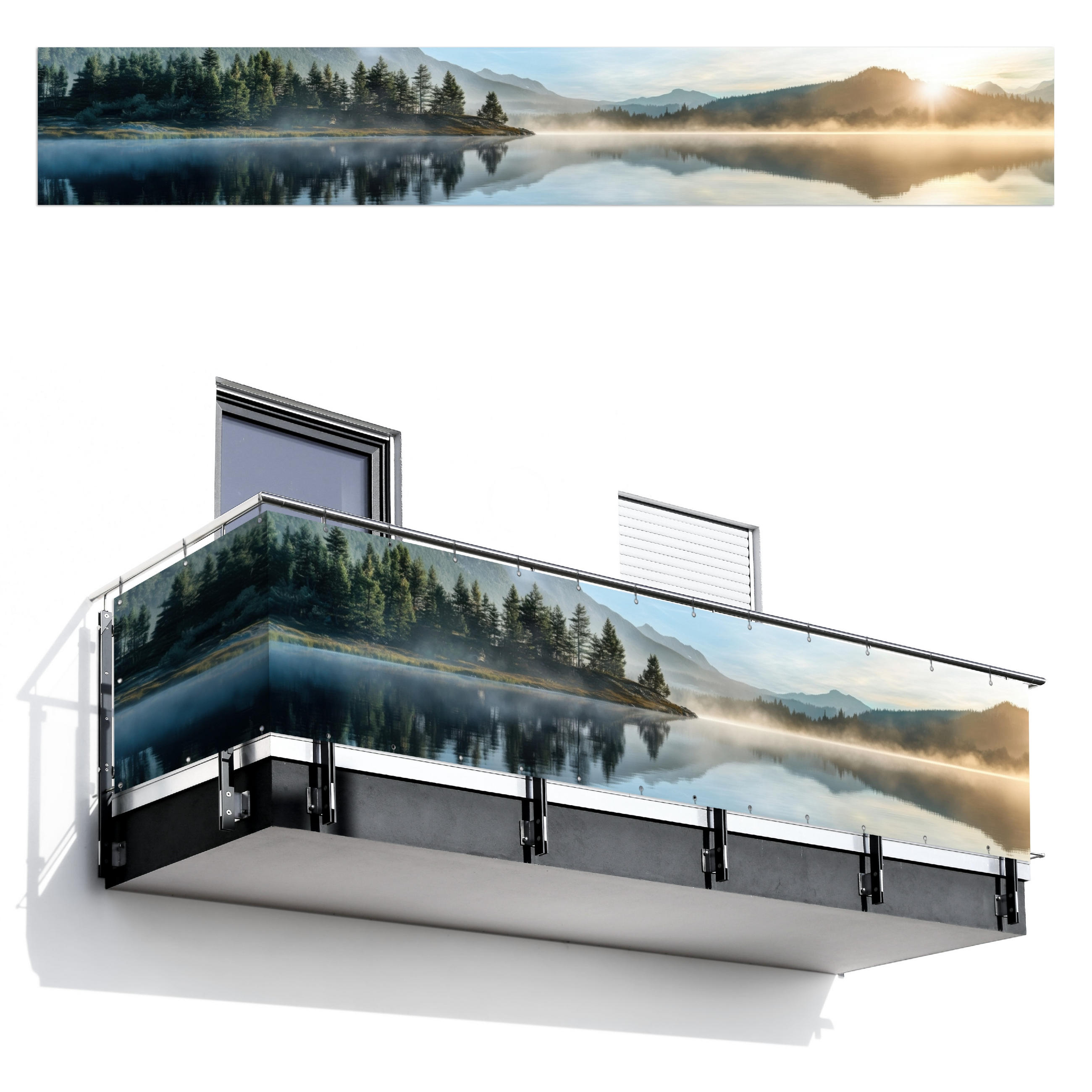 BALKON-SICHTSCHUTZ See - Nebel - Berge - Landschaft - Hellblau, Kunststoff (500/80cm) - MuchoWow