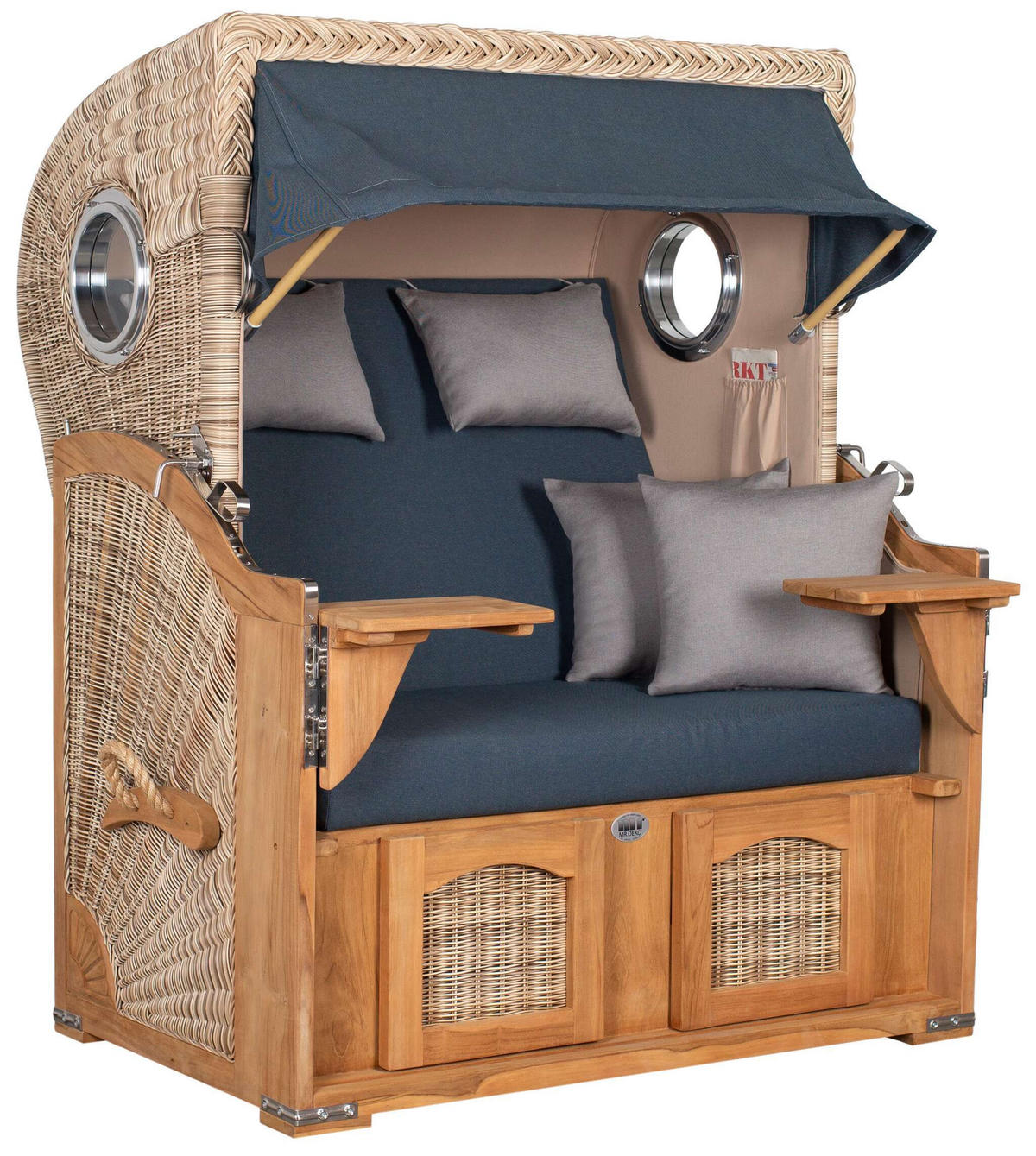 STRANDKORB Düne 2-Sitzer Teak Shell - Blau/Braun, Holz/Metall (125/170/80cm) - Mr. Deko