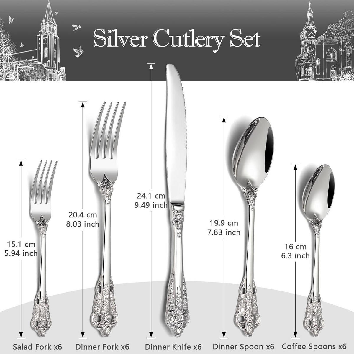 BESTECKSET 30-teiliges Set Edelstahl Silber Geprägte Griffe Spülmaschinenfest - Silberfarben, Metall